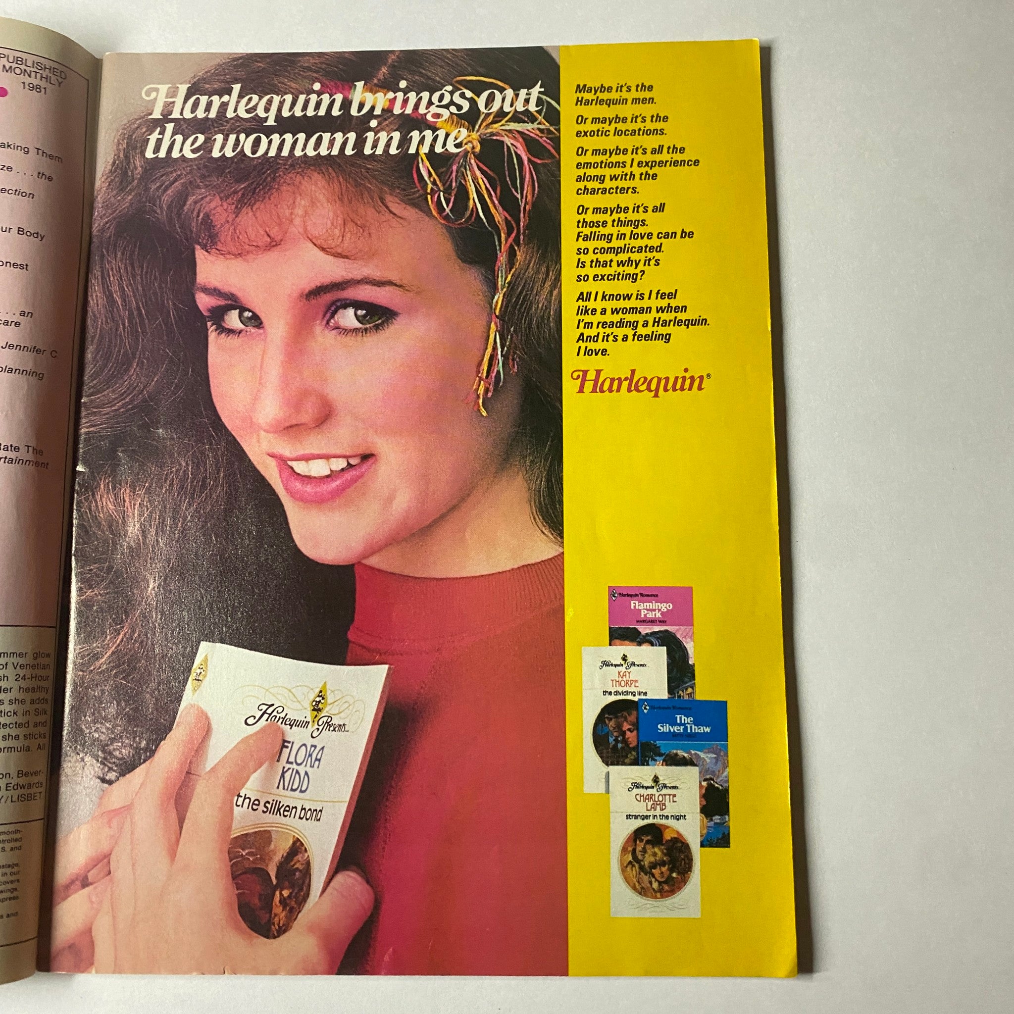 'Teen Magazine September 1981 - Advertisement for Harlequin books featuring a model with wavy hair, emphasizing the connection between romance and reading.