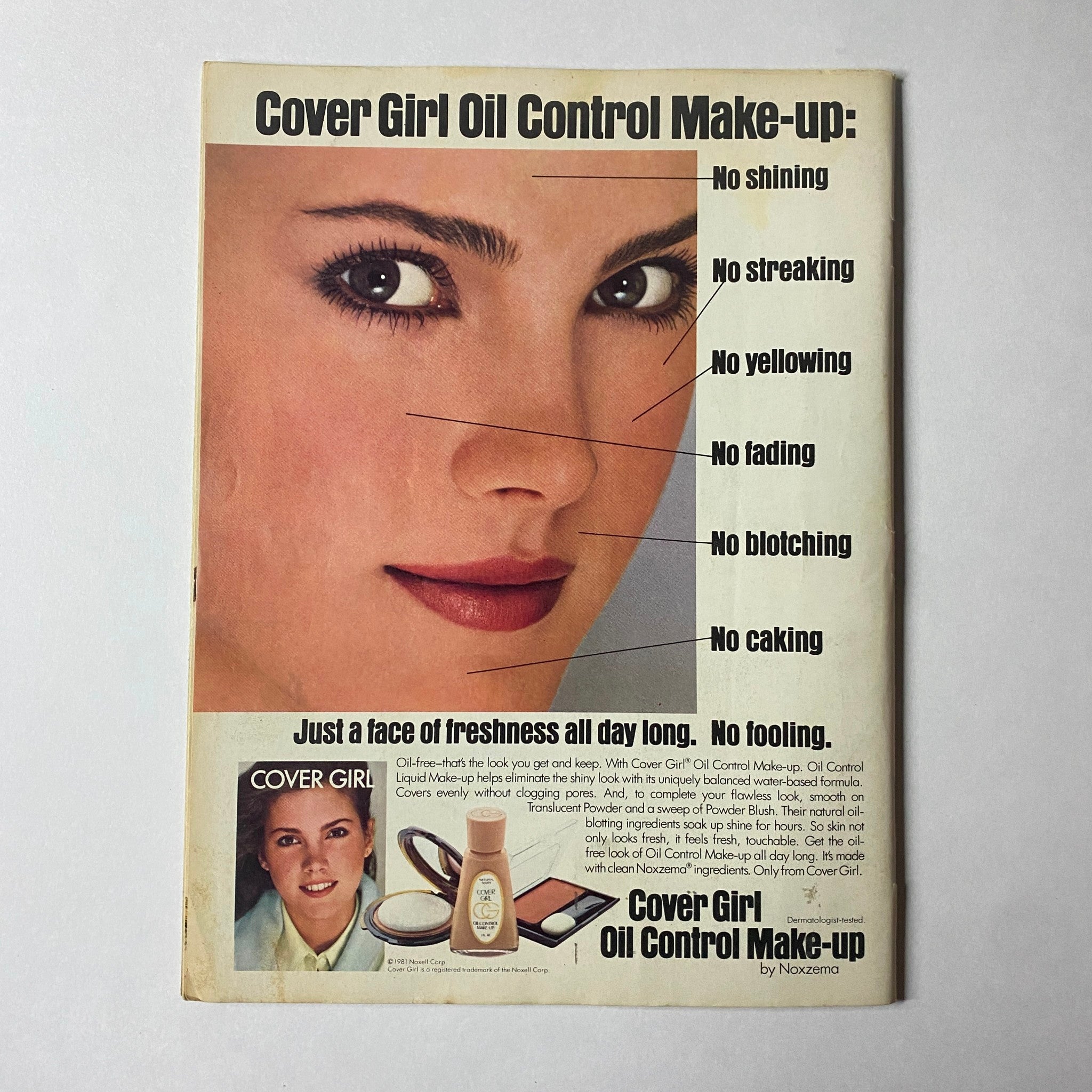 'Teen Magazine September 1981 - Cover Girl Oil Control Make-up advertisement featuring a close-up of a model's face, highlighting benefits of the product.