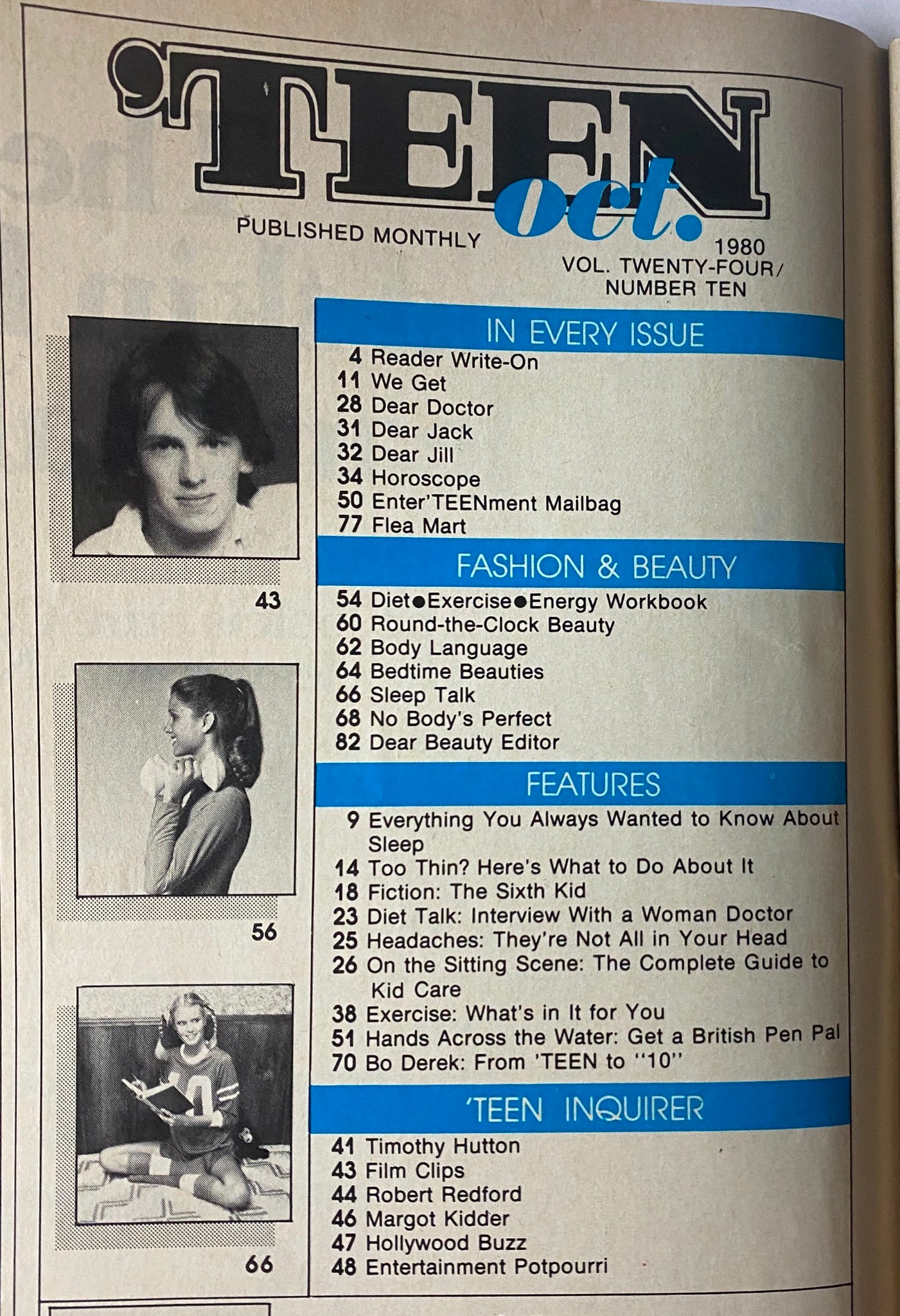 'Teen Magazine October 1980 Vol 24 No. 10 table of contents highlighting articles on beauty, health, and celebrity features.