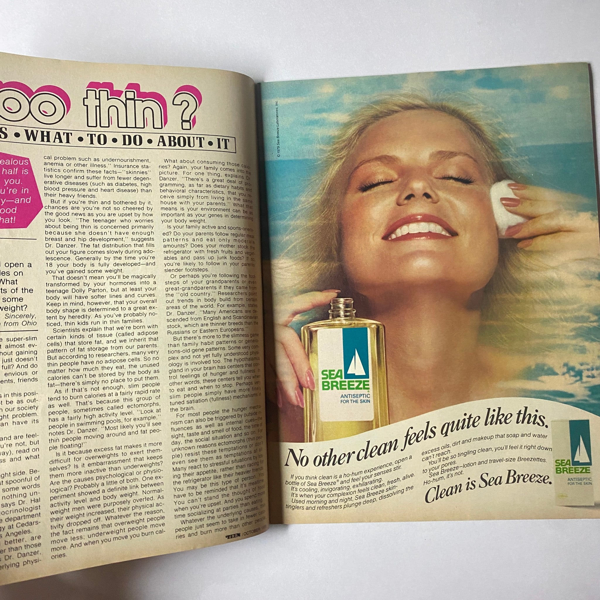 Teen Magazine October 1980 Vol 24 No. 10 featuring a beauty advertisement for Sea Breeze, showcasing a woman enjoying the refreshing product by the water.
