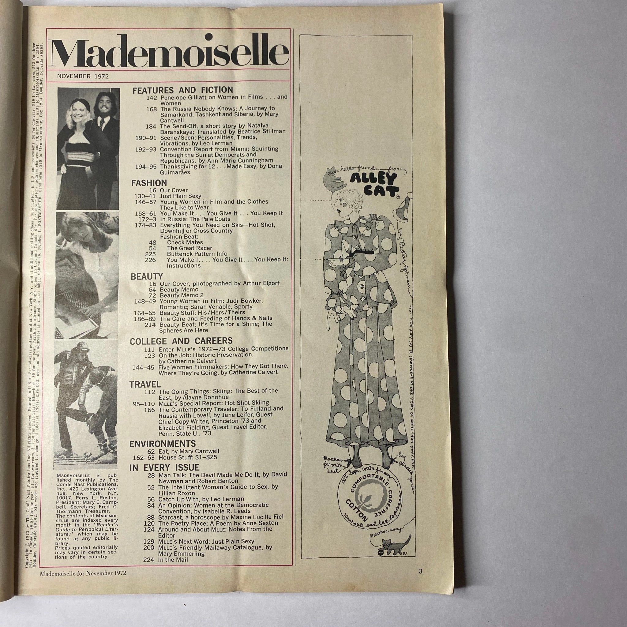 Table of contents page of Mademoiselle Magazine November 1972, detailing features, fiction, fashion, and beauty topics included in the issue.