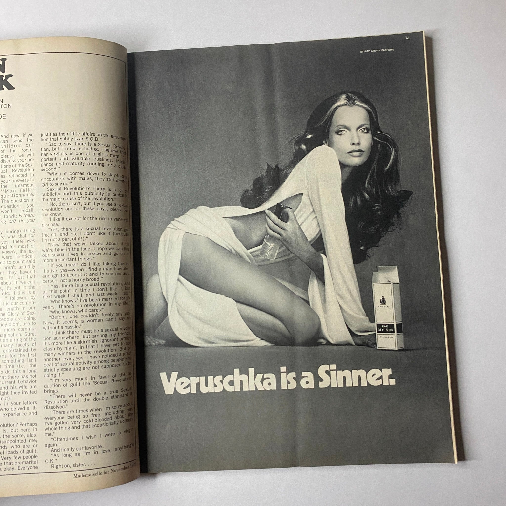An advertisement from Mademoiselle Magazine November 1972 showcasing model Veruschka, promoting a beauty product with the provocative caption 'Veruschka is a Sinner'.
