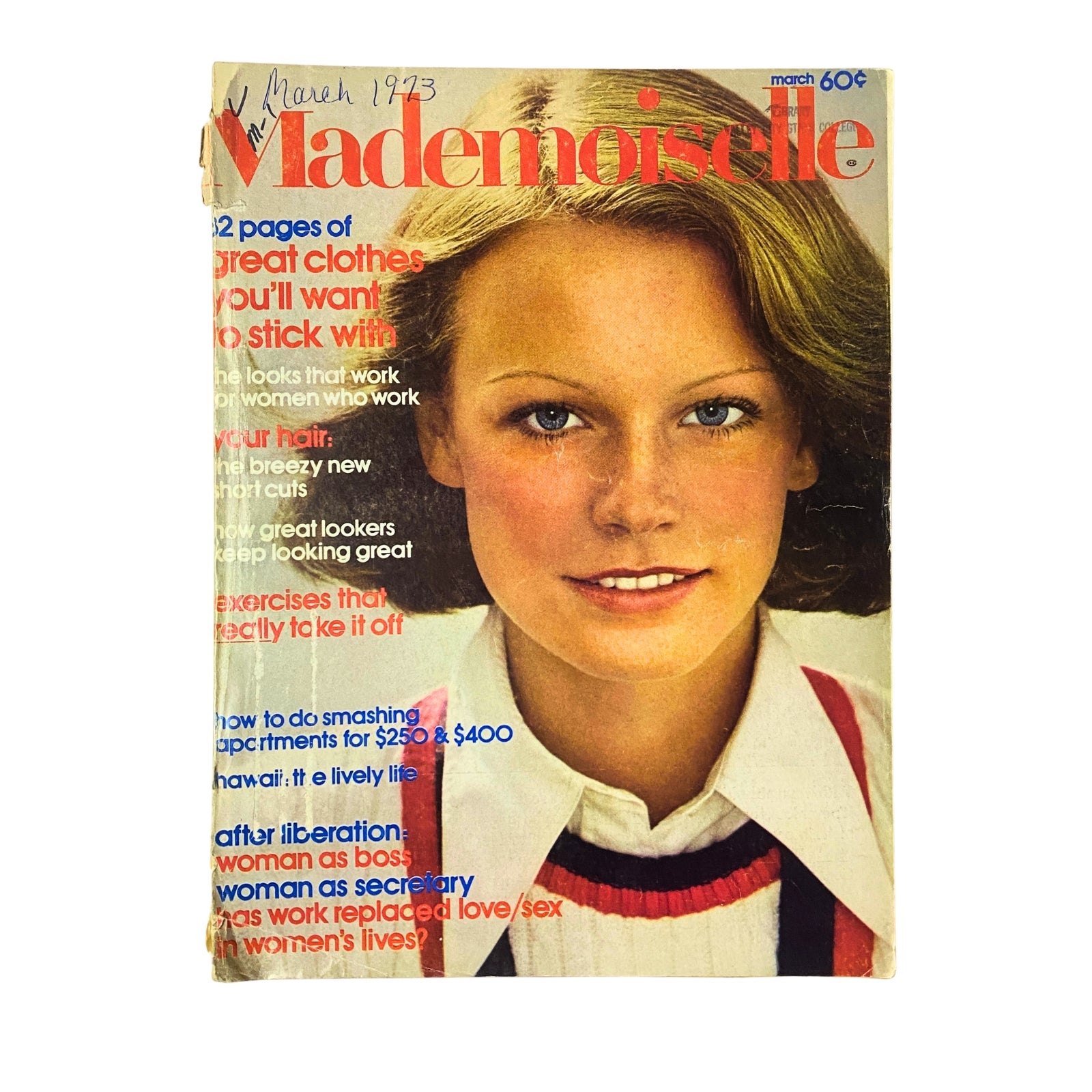 Cover of Mademoiselle Magazine, March 1973 edition featuring the title 'Woman Loves Work' by Amy Gross, showcasing a young woman with a stylish appearance.