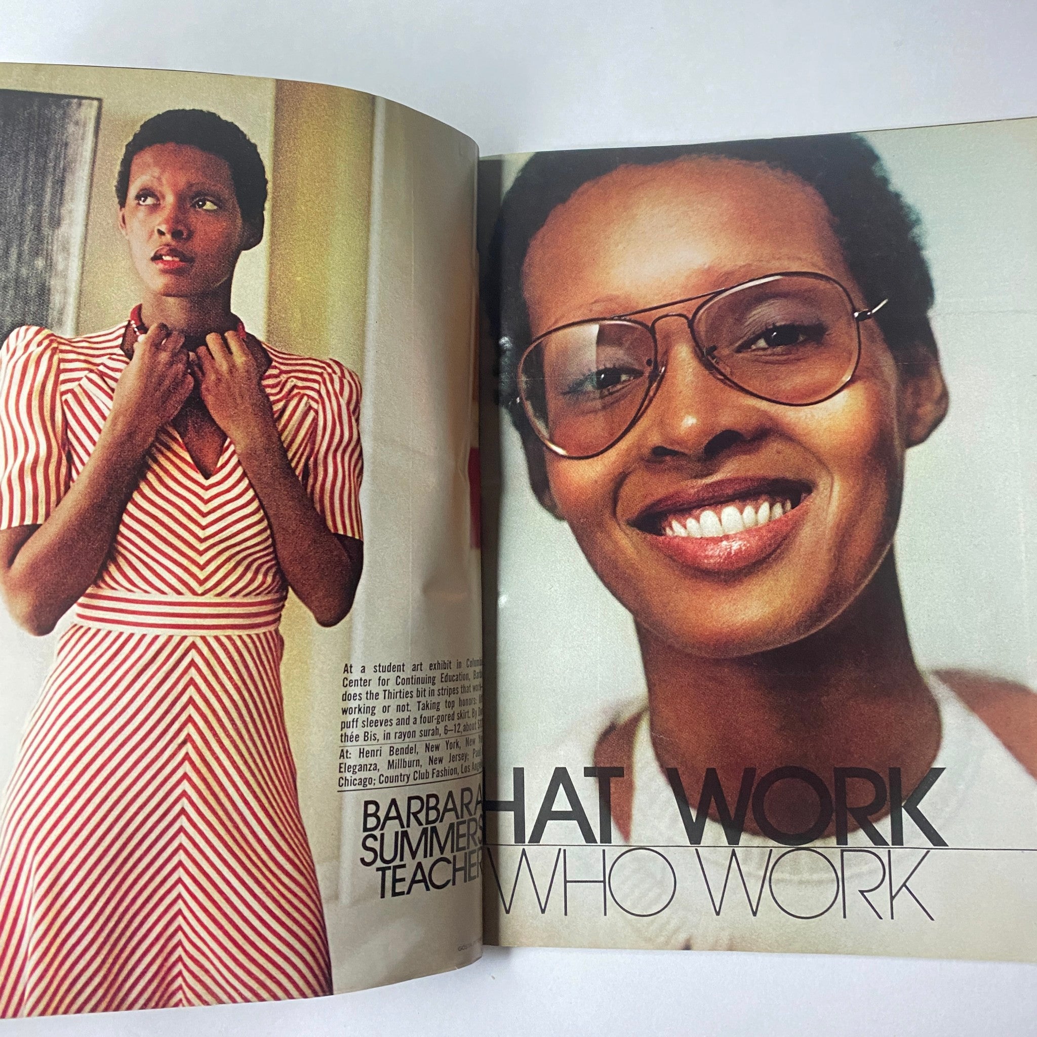Interior page from Mademoiselle Magazine, March 1973, displaying a fashion spread titled 'Woman Loves Work' showcasing diverse women in professional attire.
