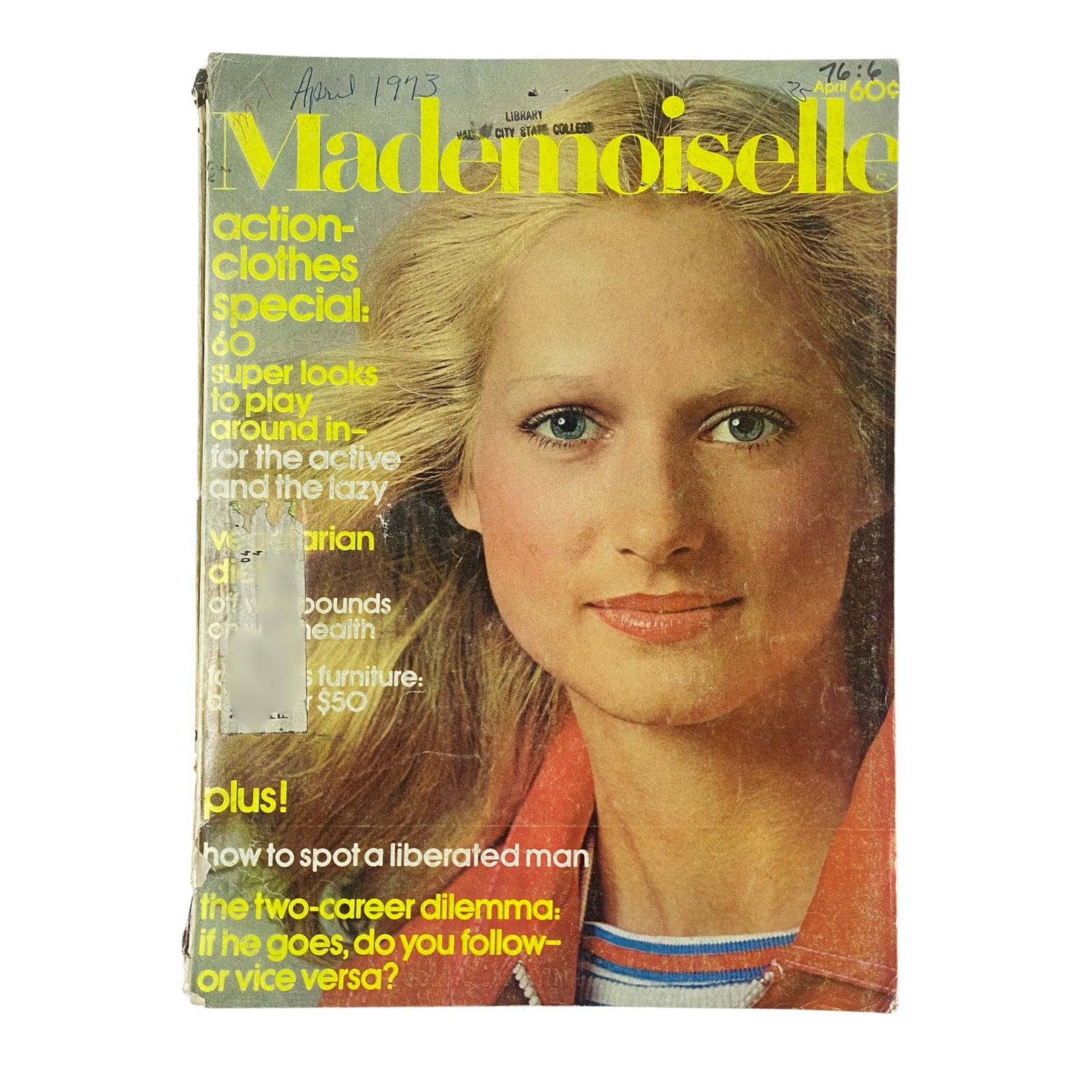 Mademoiselle Magazine April 1973 cover featuring a woman with blonde hair smiling, highlighting the title "Three for the Bath: Peachy Clean." The magazine is in good condition but shows signs of wear.
