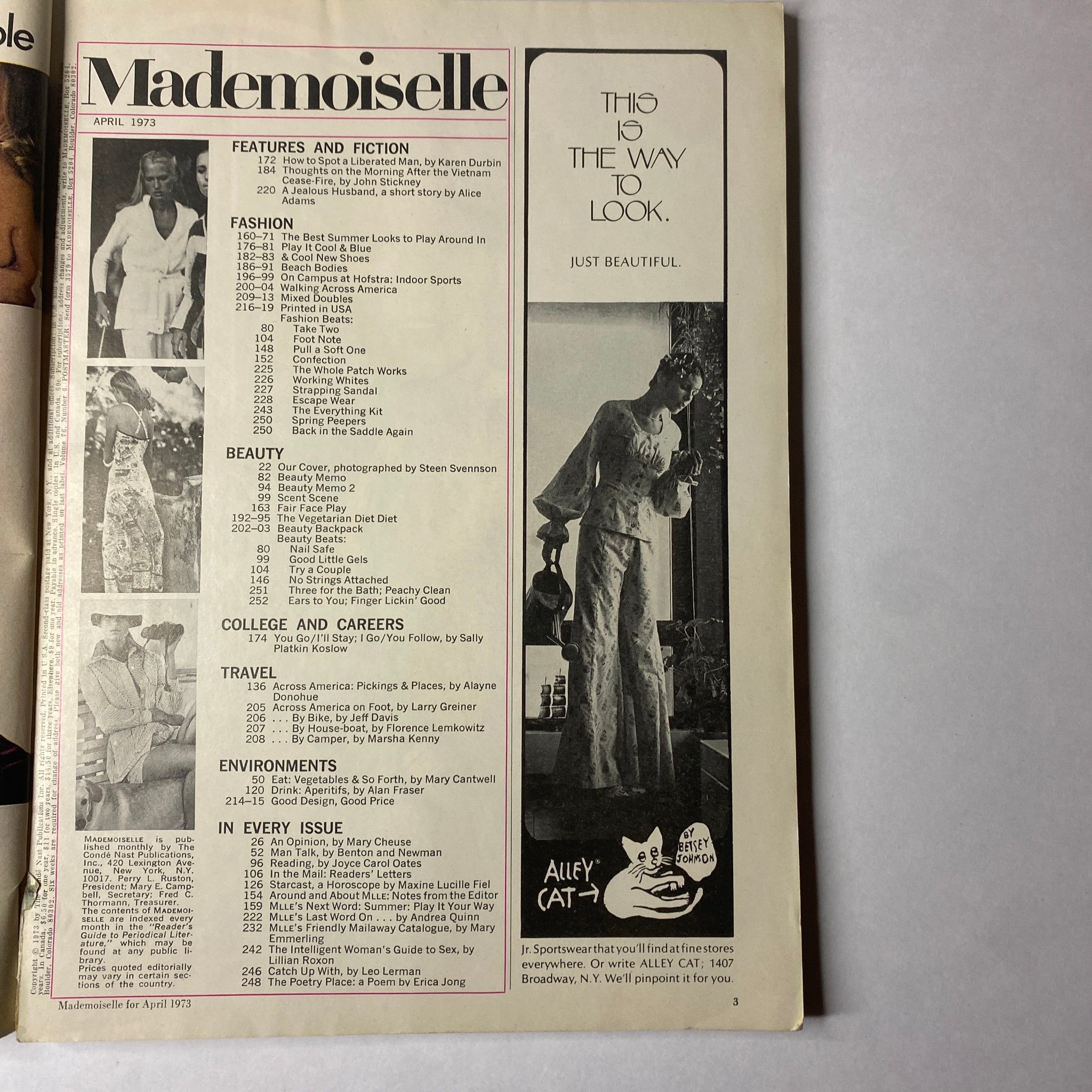 Contents page of Mademoiselle Magazine April 1973, listing features, fashion tips, and beauty advice, showcasing the table of contents layout.
