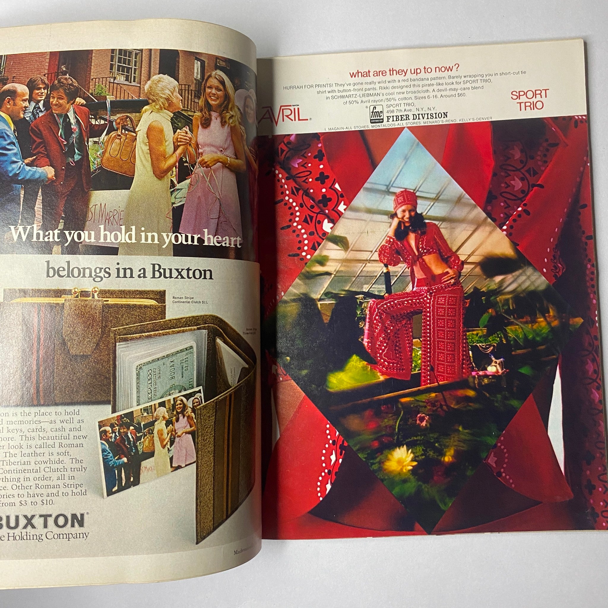 Mademoiselle Magazine April 1973 Three for the Bath: Peachy Clean featuring a fashion advertisement showcasing vibrant 1970s styles with colorful attire and cheerful models.