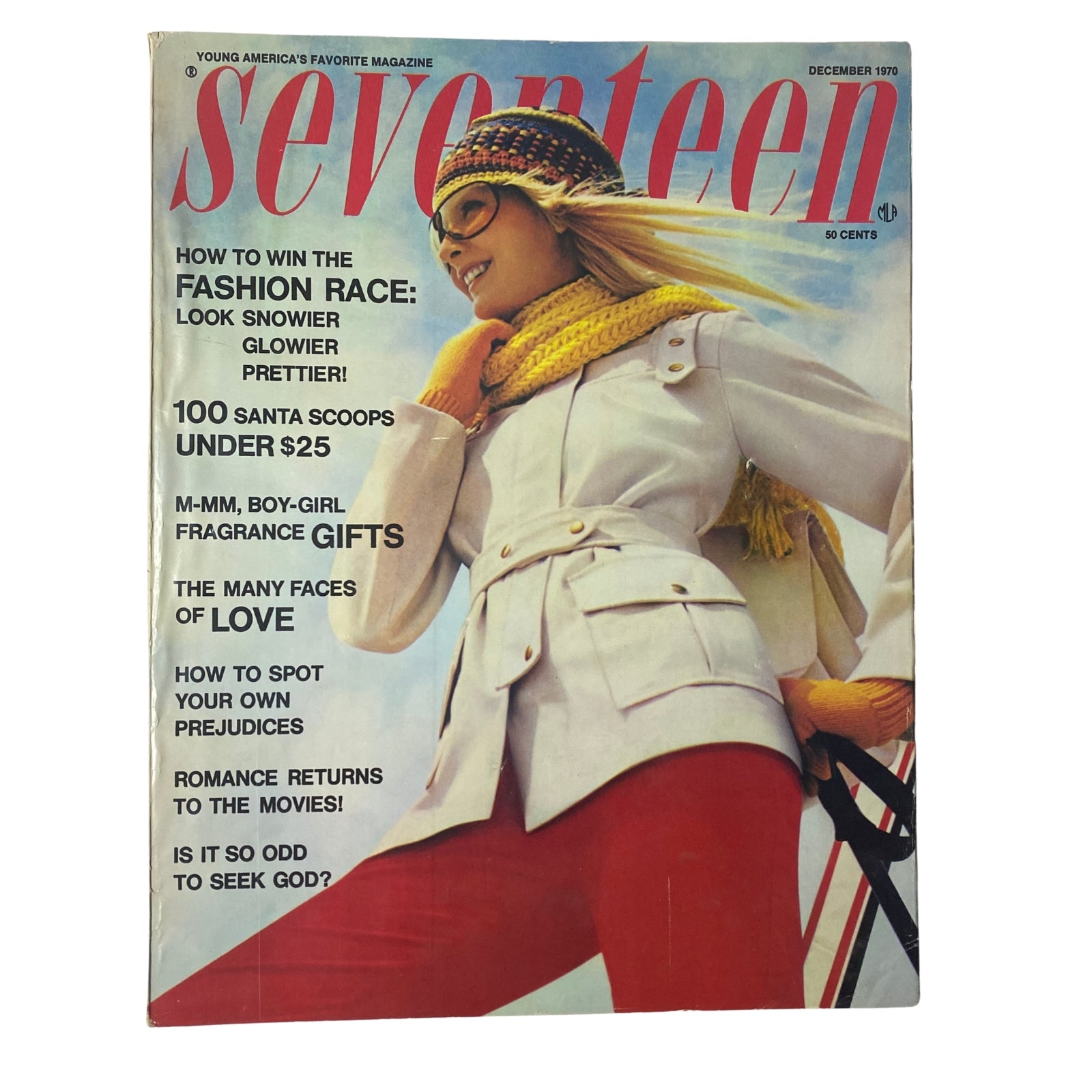 Cover of Seventeen Magazine, December 1970 featuring the title 'Seventeen Magazine December 1970 The Snowcoats Come on Strong'. The cover showcases a model wearing winter fashion with bright colors and accessories, emphasizing holiday style.