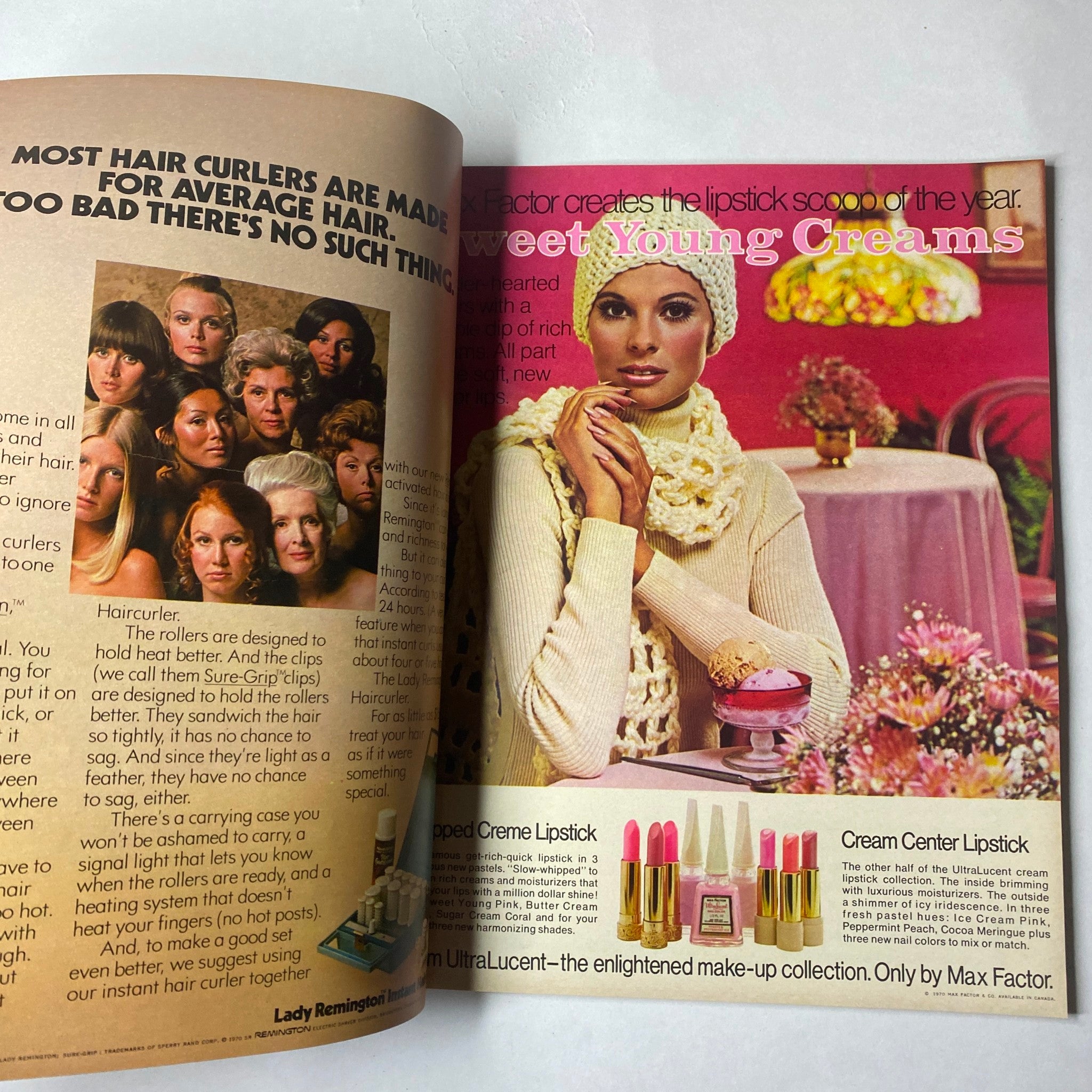 Inside spread from Seventeen Magazine, October 1970 titled 'The Secret Wish of Unwed Fathers', showcasing beauty product advertisements with models demonstrating makeup and skincare.