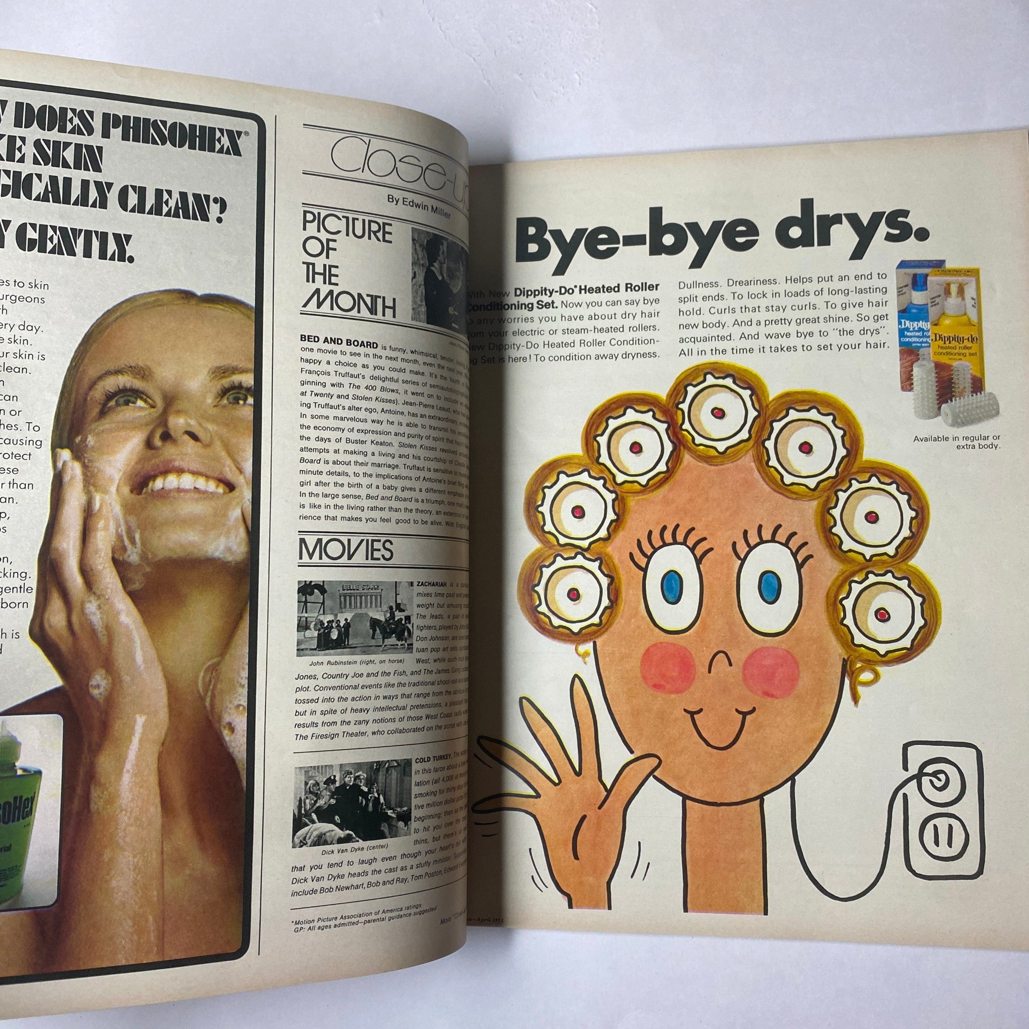 Page from Seventeen Magazine April 1971 Superscenics USA Special Travel Issue showing a beauty advertisement with a smiling woman and whimsical art promoting hair care products.