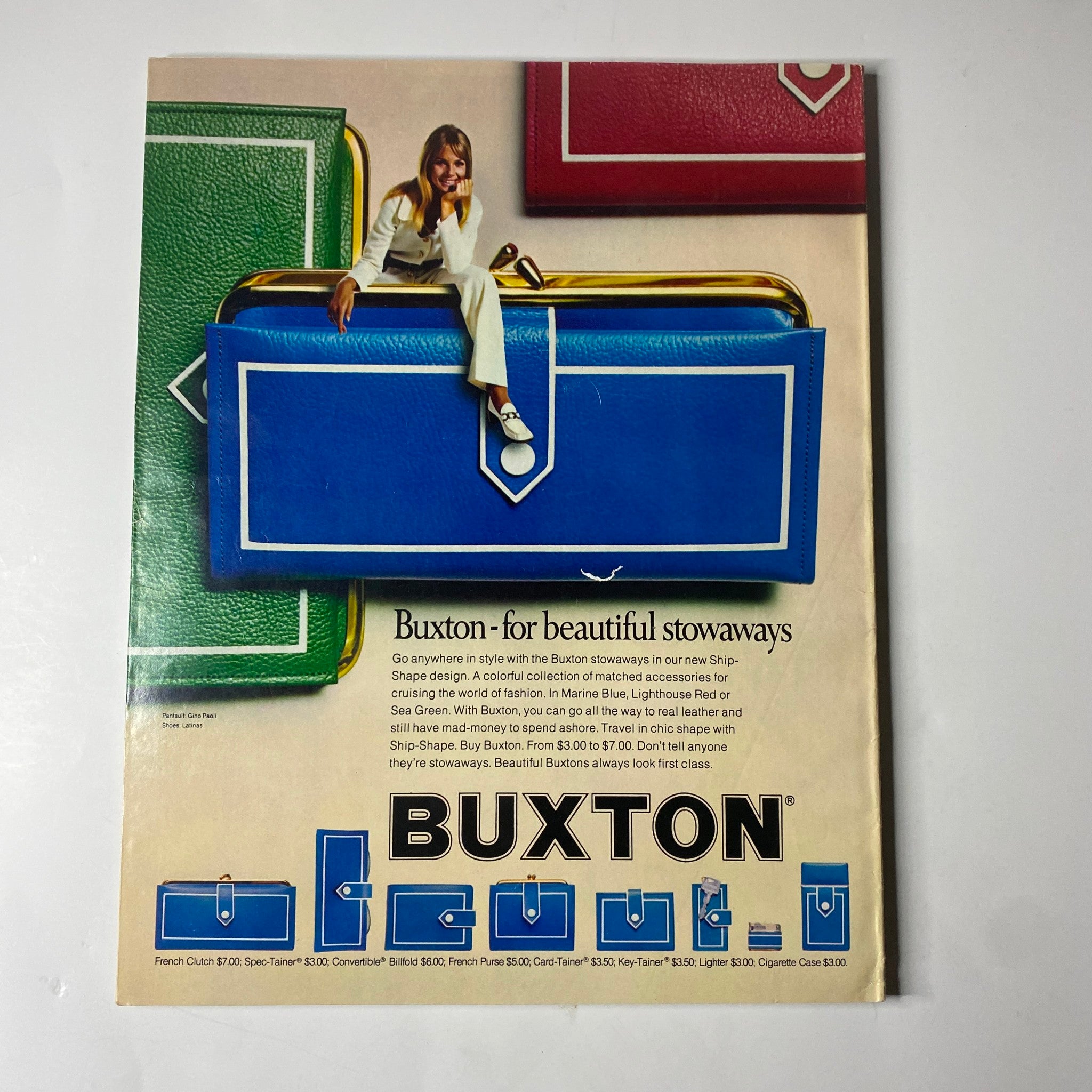 Vintage advertisement for Buxton wallets in Seventeen Magazine, February 1971, highlighting stylish bags and accessories for fashionable youth.