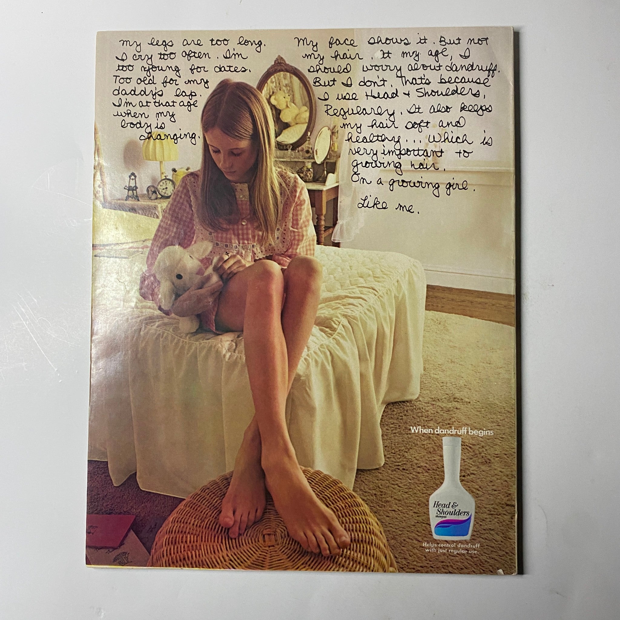 A girl sitting on a bed with a teddy bear, reflecting on beauty and self-image in Seventeen Magazine June 1971. Title: Seventeen Magazine June 1971 Happy Easter Jeremy Birthday No Label VG.