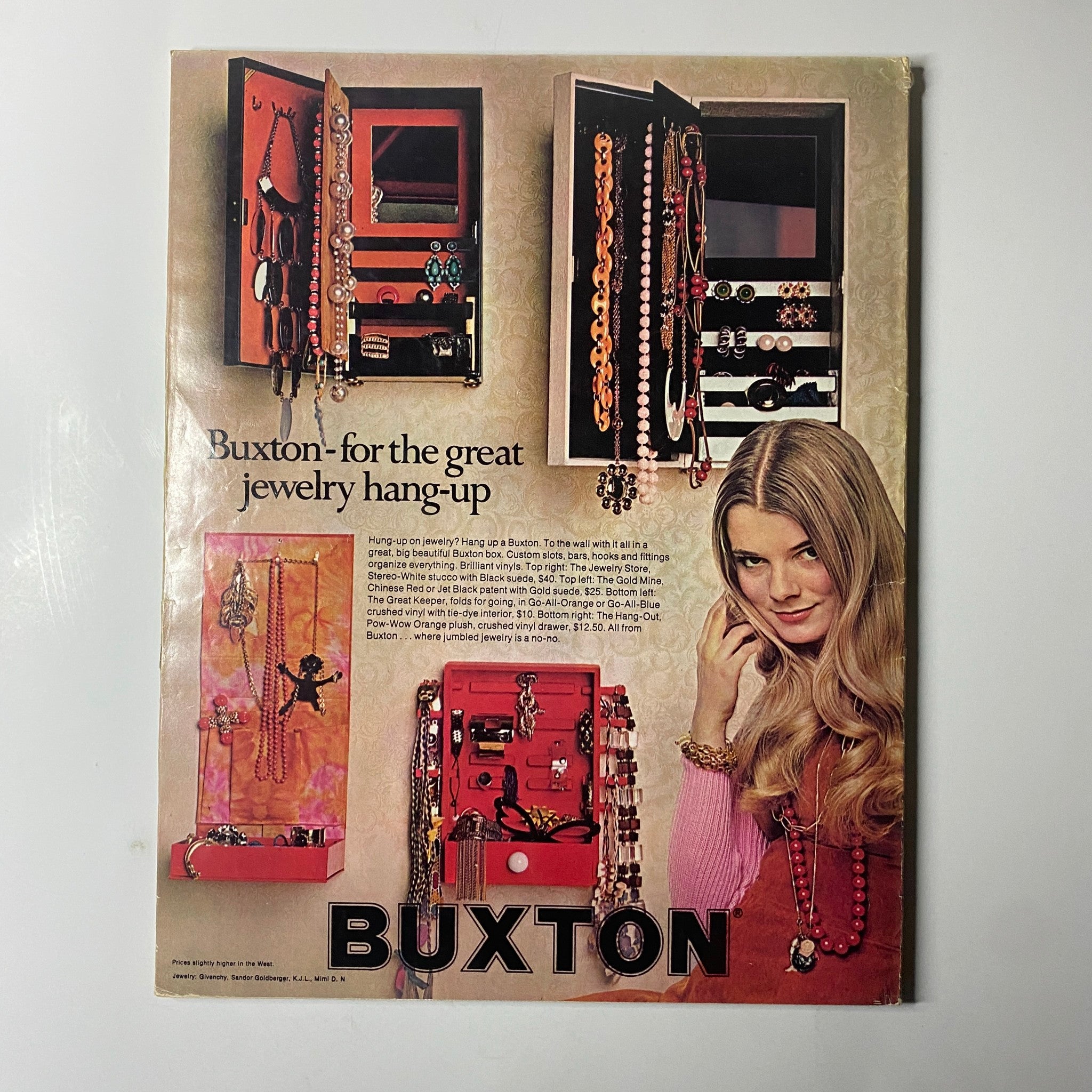 Advertisement from Seventeen Magazine May 1971 for Buxton jewelry hang-ups, illustrating vibrant jewelry storage solutions along with the mention of 'The Unmaking of a Fat Girl' theme.