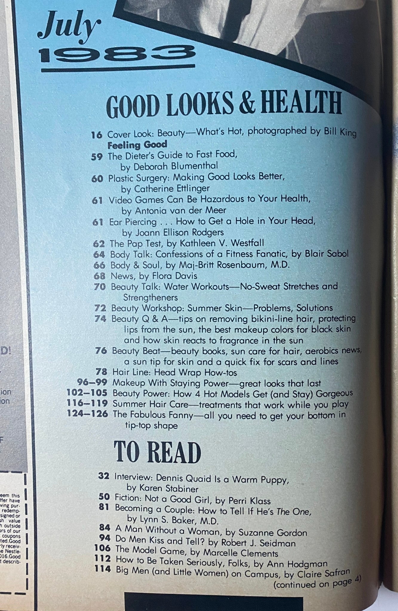 Table of contents from Mademoiselle Magazine July 1983, showcasing featured sections on good looks, health, and interviews, including Dennis Quaid, along with tips on beauty and relationships.