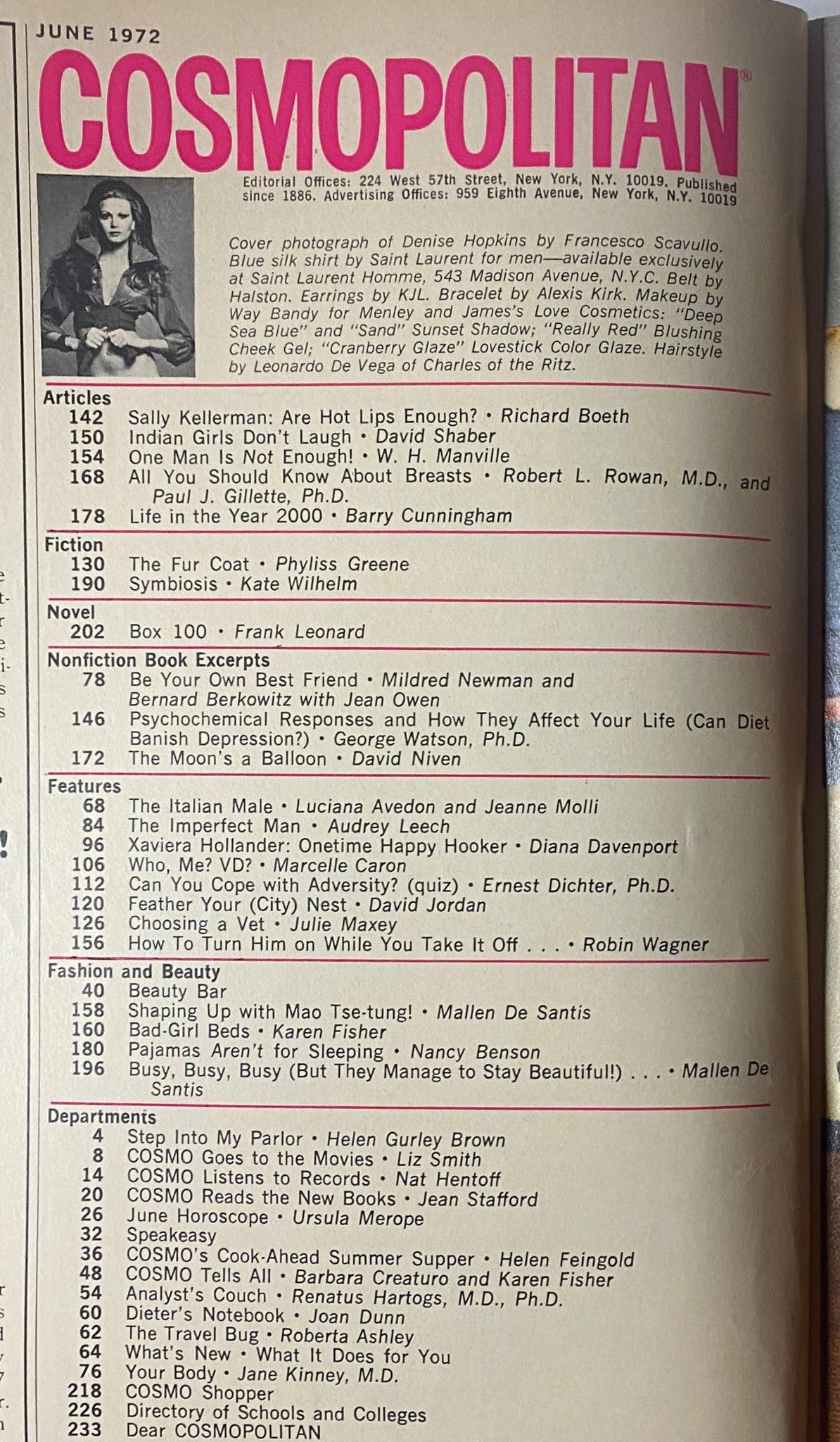Table of contents page from Cosmopolitan Magazine June 1972 featuring Denise Hopkins on the cover, highlighting various articles and features included in this vintage issue.