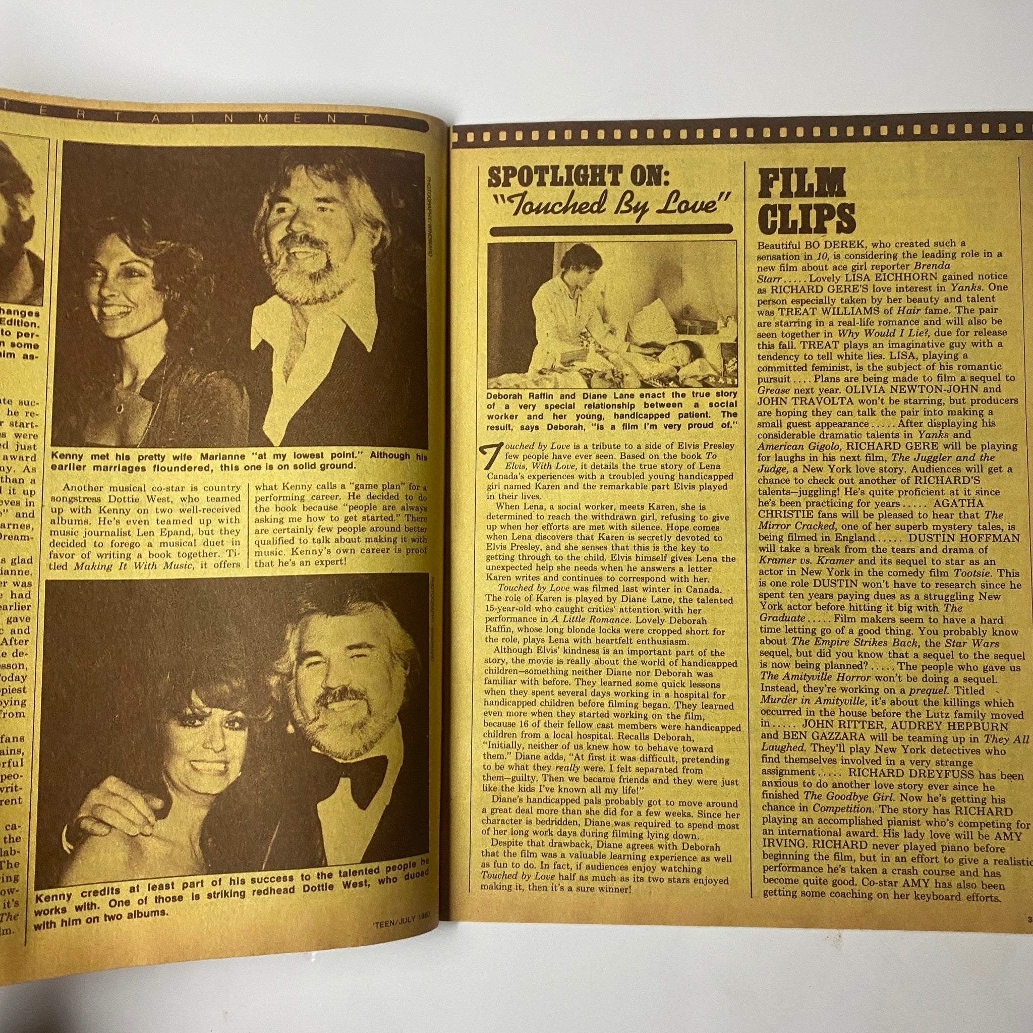 Inside spread of 'Teen Magazine July 1980 Vol 24 No. 7 Cindy Adlesh Cover, featuring a spotlight on the film 'Touched by Love' and film clips along with celebrity images, showcasing vintage teen culture.