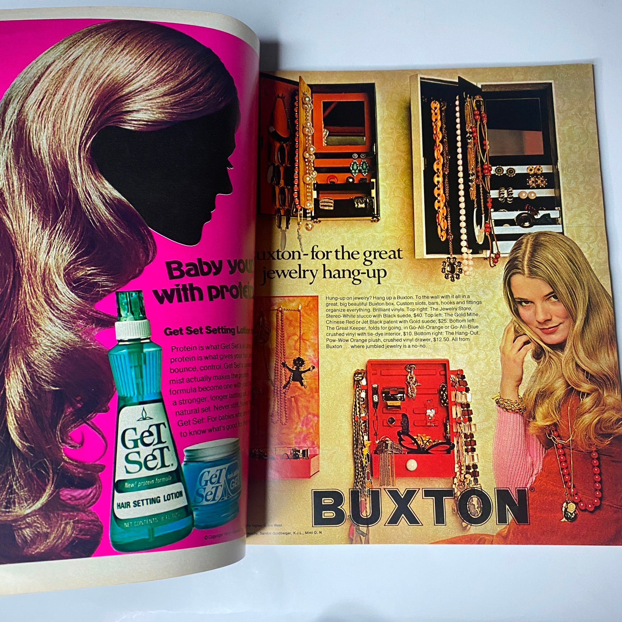 Interior page of Seventeen Magazine November 1970 showcasing an advertisement for Get Set hair setting lotion alongside a model with long hair and striking jewelry, emphasizing beauty and style elements.