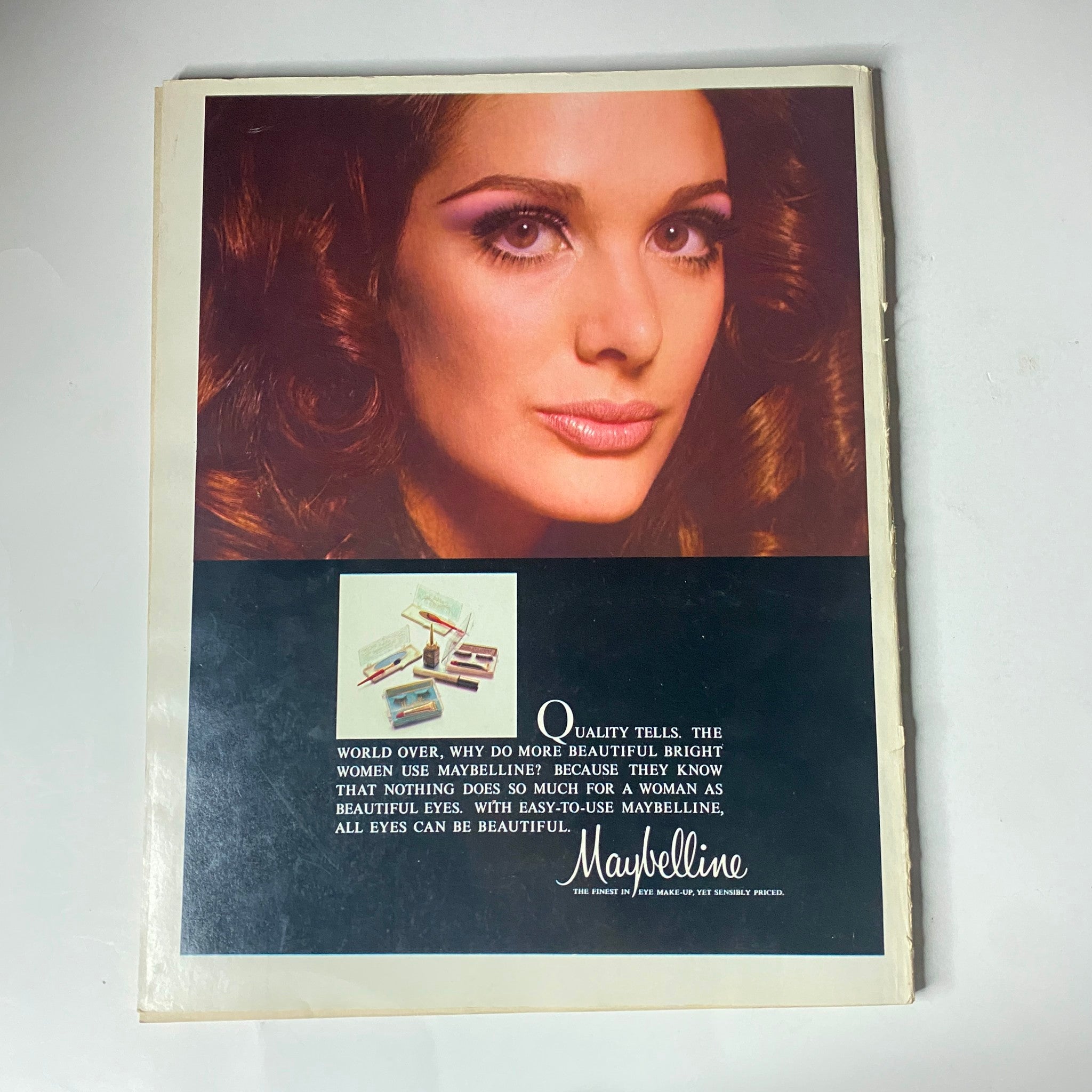 Advertisement from Seventeen Magazine November 1970 for Maybelline cosmetics, featuring a glamorous model with defined curls and highlighting the slogan about beauty and self-expression.
