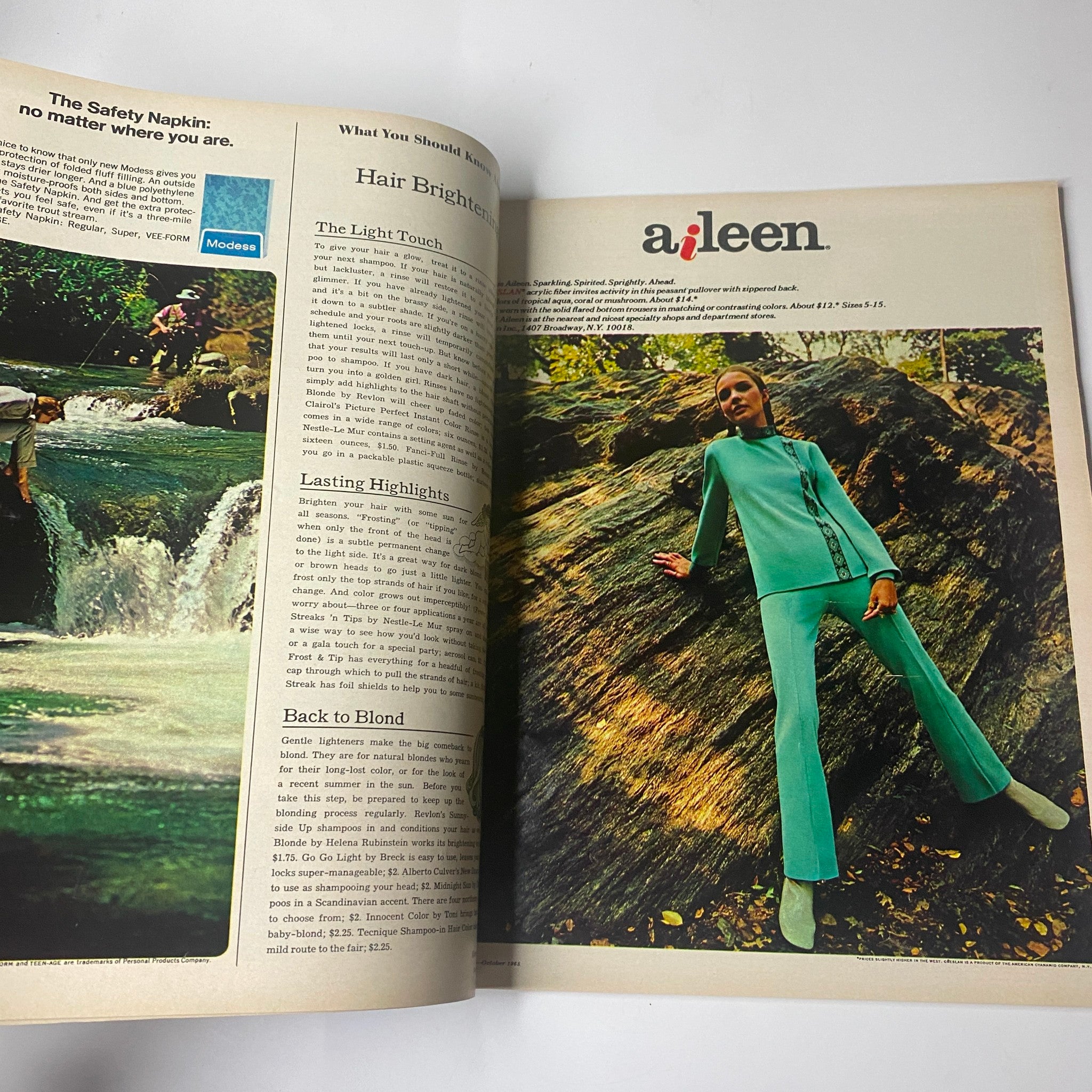 Inside spread from Seventeen Magazine October 1968 showcasing beauty tips and fashion styles. Includes articles on hair brightening and features a model in stylish attire, reflecting trends of the late 1960s.
