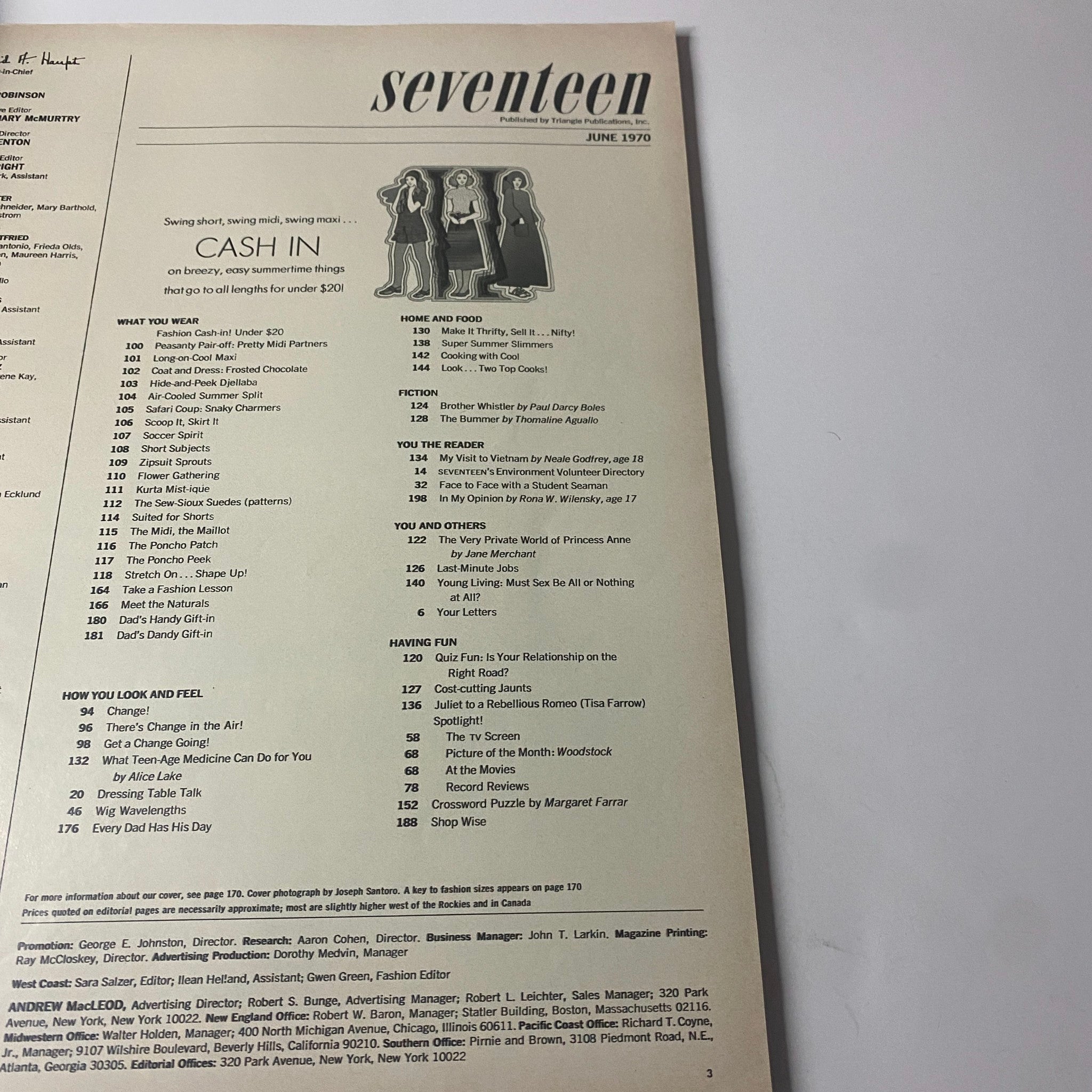 Table of contents for Seventeen Magazine June 1970 Special Issue Summer Savings, outlining articles and features related to summer fashion and wellness.