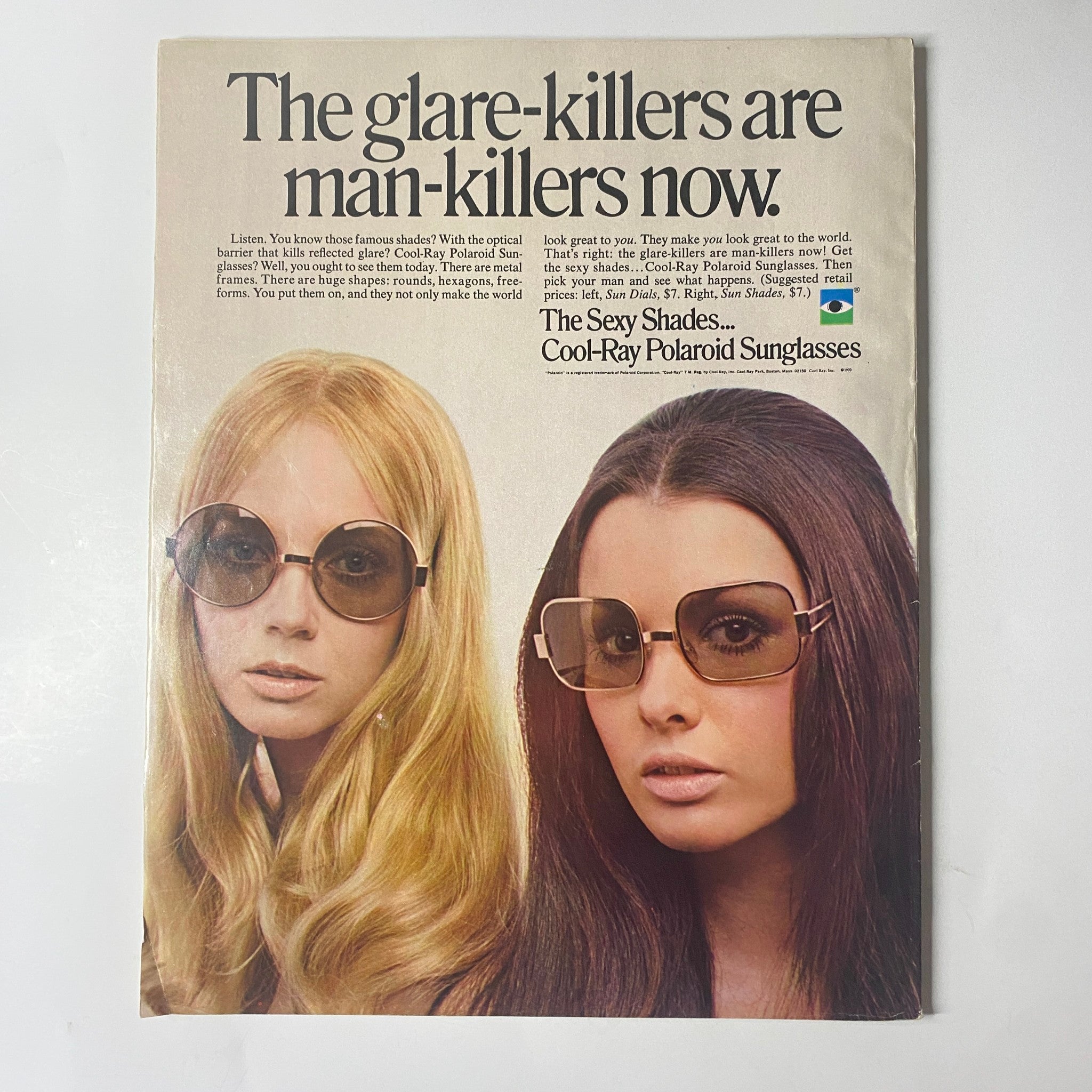An advertisement page from Seventeen Magazine June 1970 Special Issue Summer Savings featuring two women wearing fashionable sunglasses, emphasizing trends of the era.
