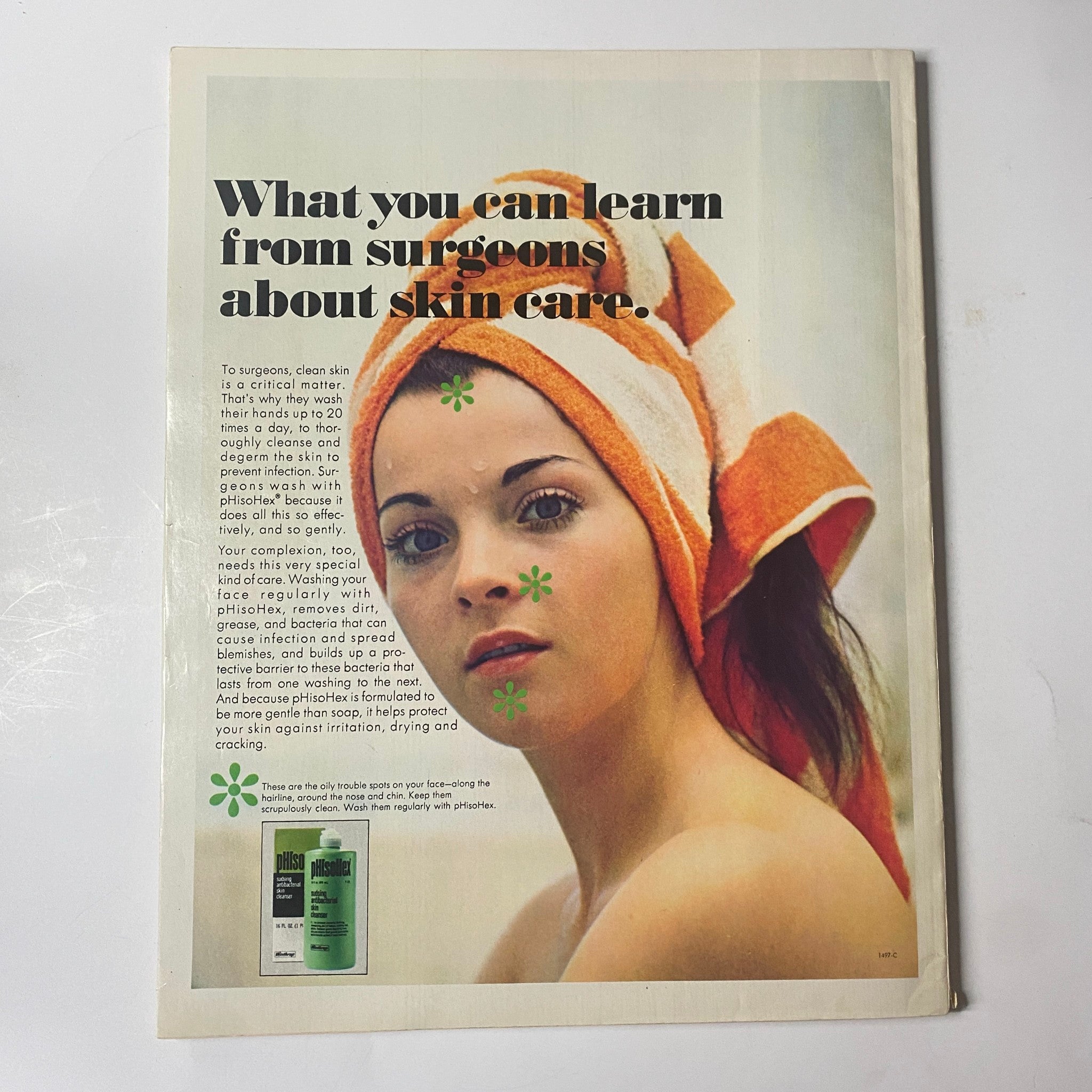 Back cover of Seventeen Magazine September 1970 featuring an advertisement about skin care, illustrated with a young woman in a towel and emphasizing beauty tips.