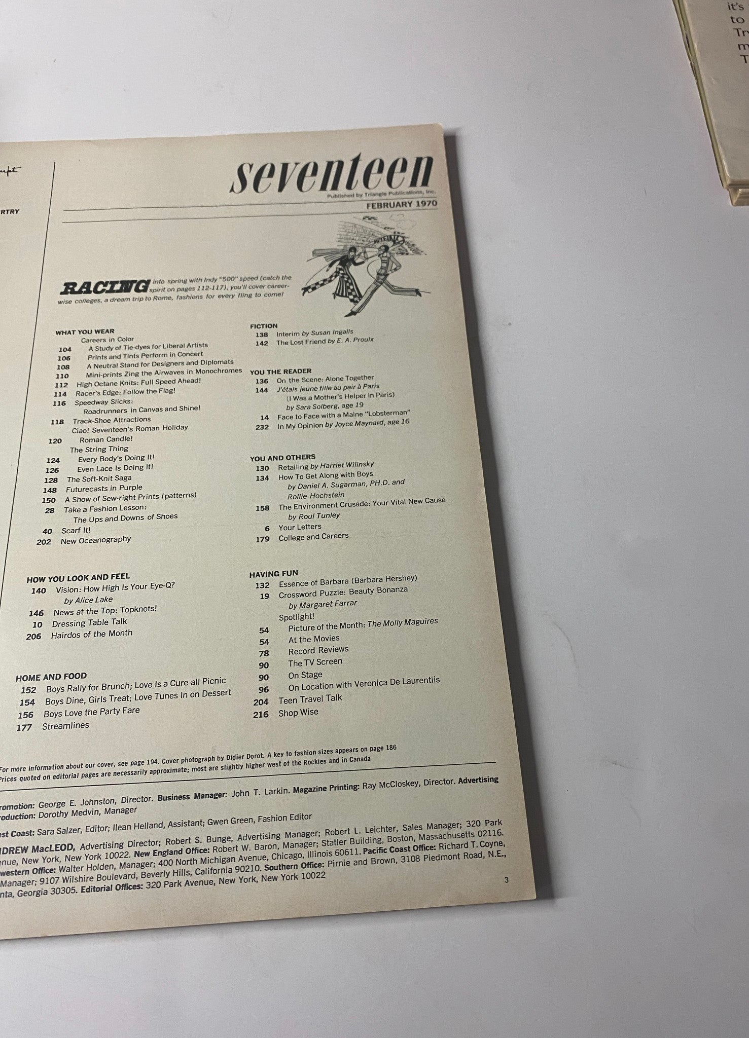 Table of contents from Seventeen Magazine February 1970, featuring articles and highlights such as 'Racing' and 'How Long I Feel'.