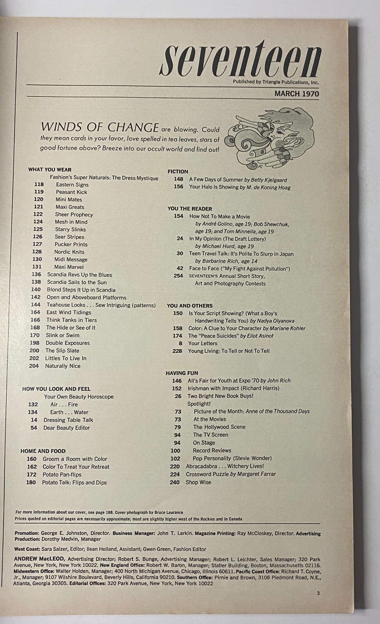 Table of contents from Seventeen Magazine March 1970, showcasing features and highlights including 'Winds of Change' and various cultural sections.