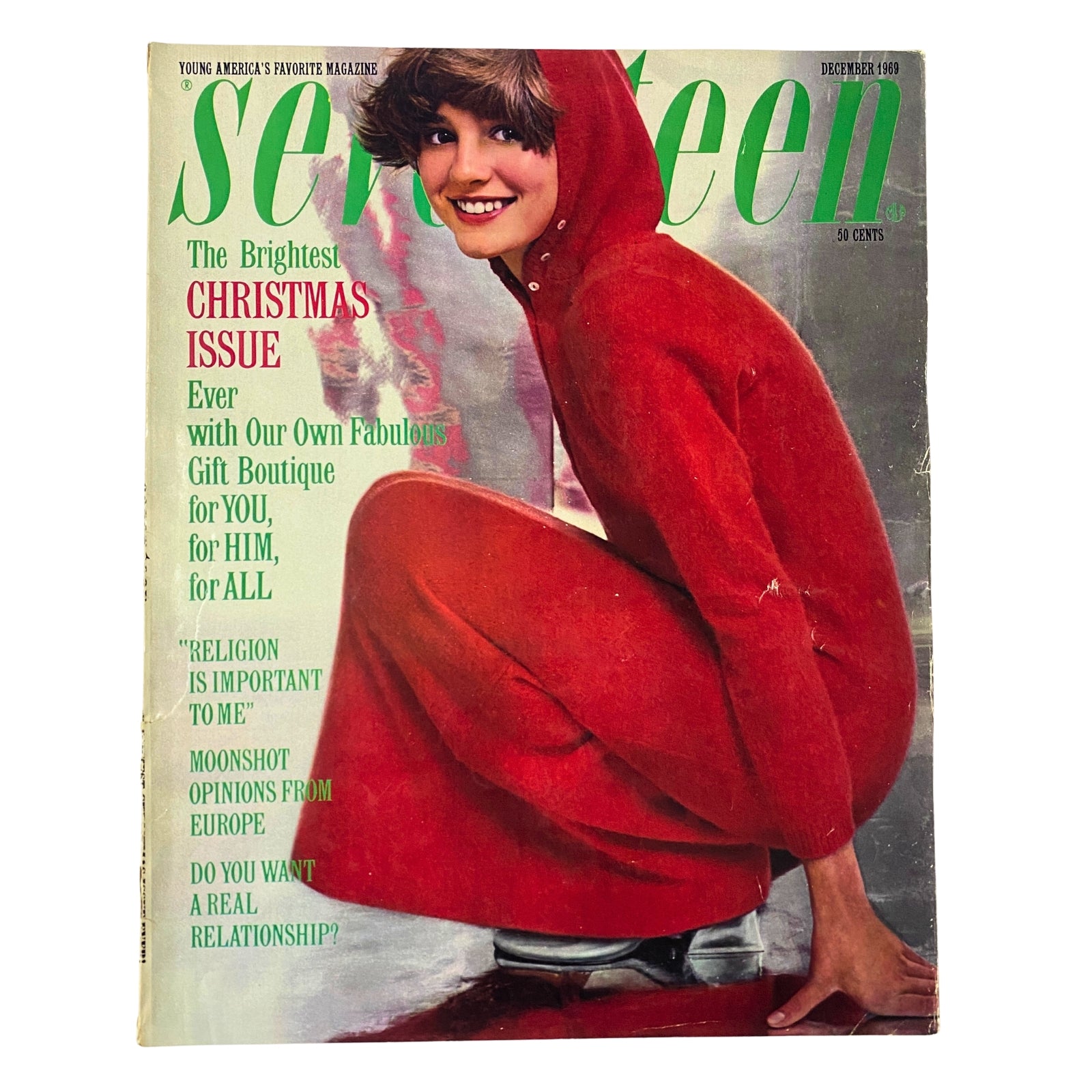 Cover of Seventeen Magazine December 1969, titled 'The Brightest Christmas Issue', featuring a model in a red outfit with snowy background accents.