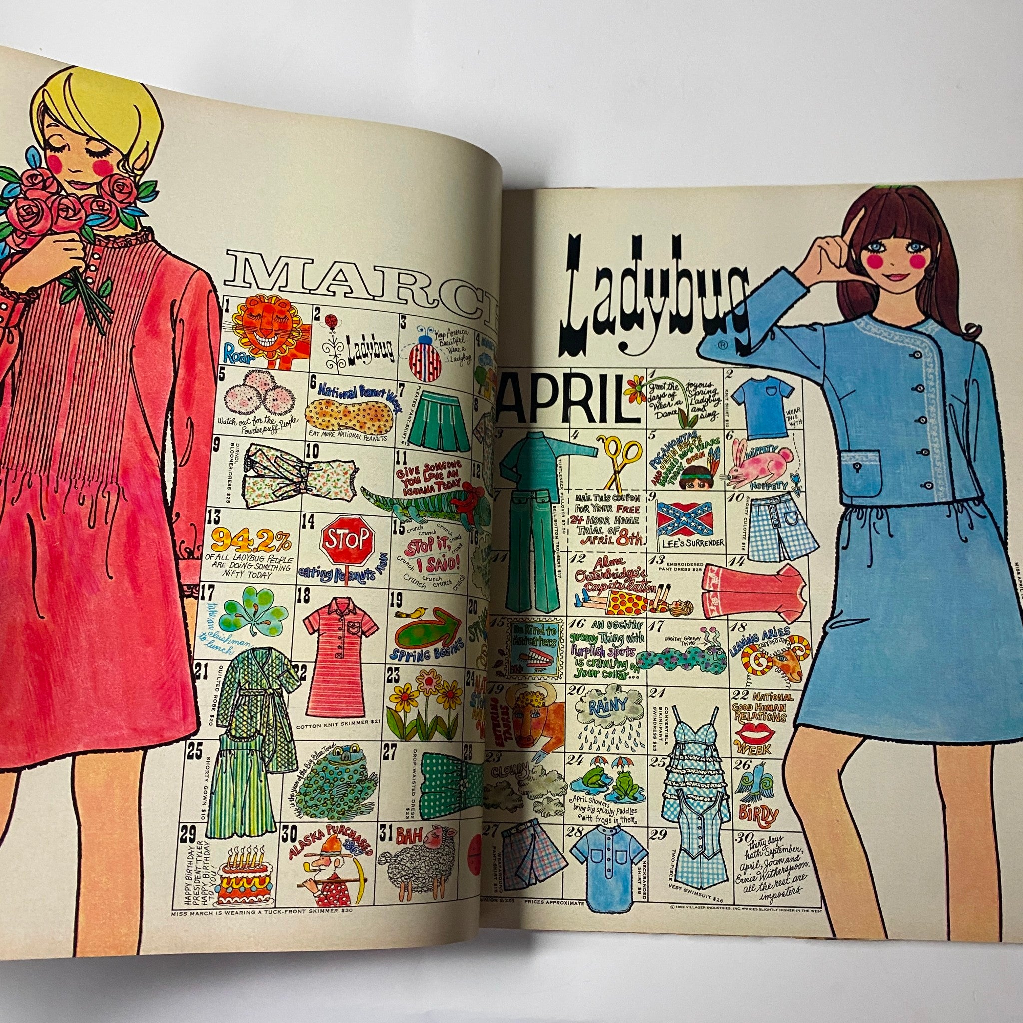 Interior spread from Seventeen Magazine March 1969 illustrating colorful fashion designs and a calendar for March and April, reflecting the vibrant style of the late 1960s.