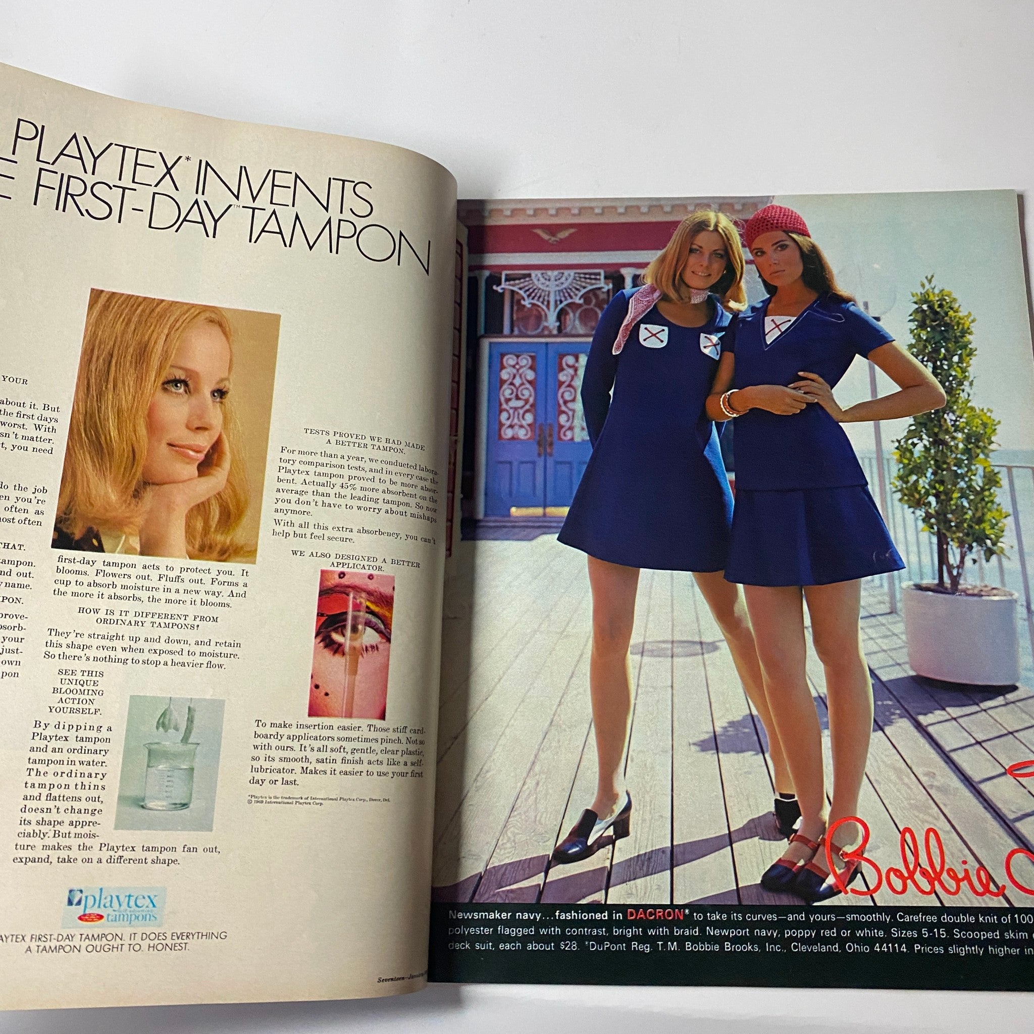 Page spread from Seventeen Magazine January 1970 featuring an advertisement for Playtex with young women modeling stylish outfits.