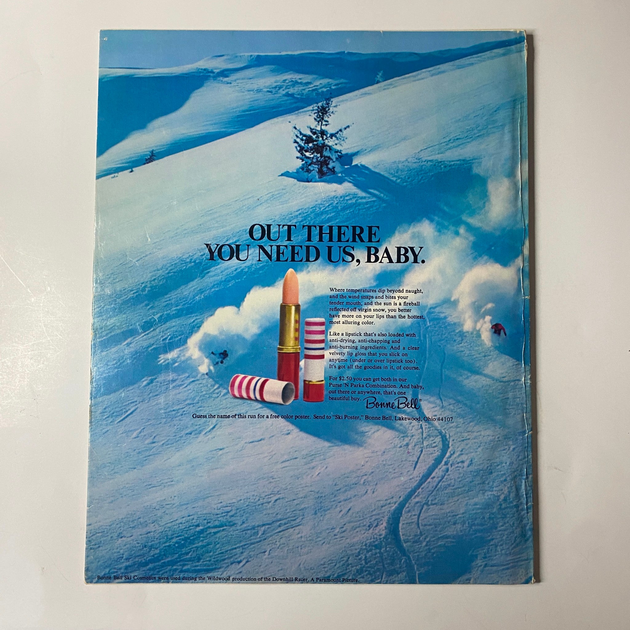 Back cover of Seventeen Magazine January 1970 featuring a scenic winter landscape and advertising for Bonnie Bell cosmetics.