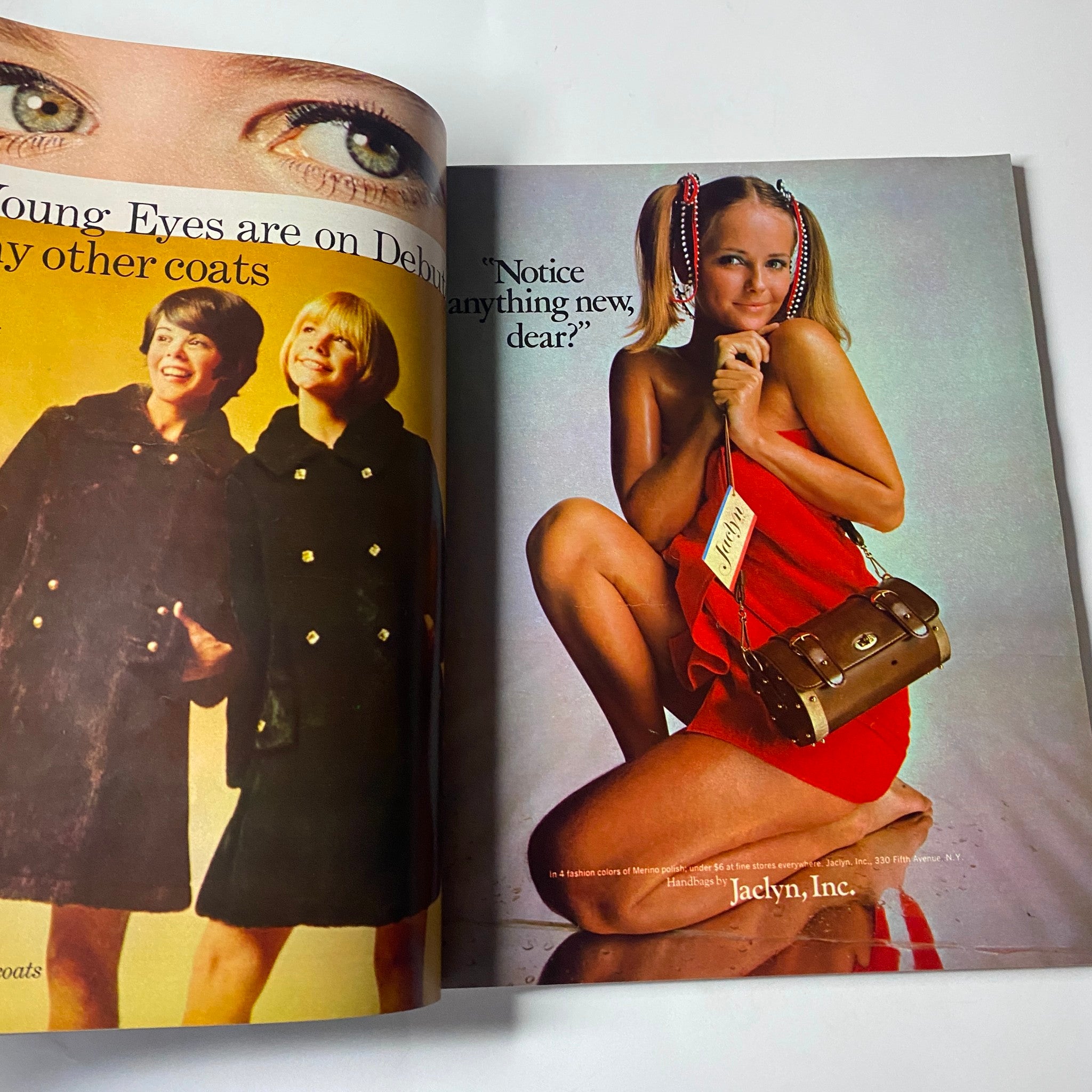 A fashion editorial spread from Seventeen Magazine August 1969 Fashion Issue featuring models in 1960s styles, showcasing bold clothing and hairstyles.