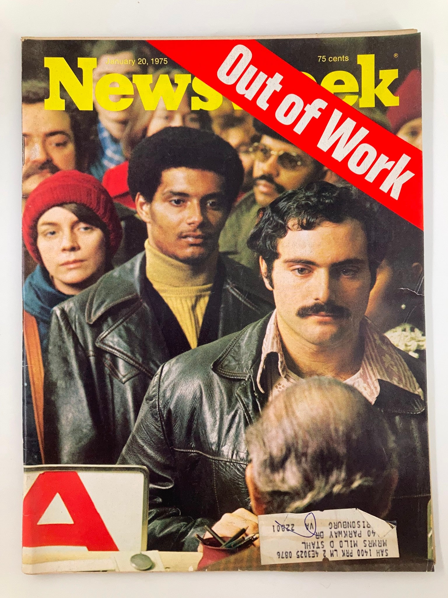 VTG Newsweek Magazine January 20 1975 cover featuring the headline 'Out of Work', showcasing individuals in a crowd, reflecting the socio-economic issues of the 1970s.