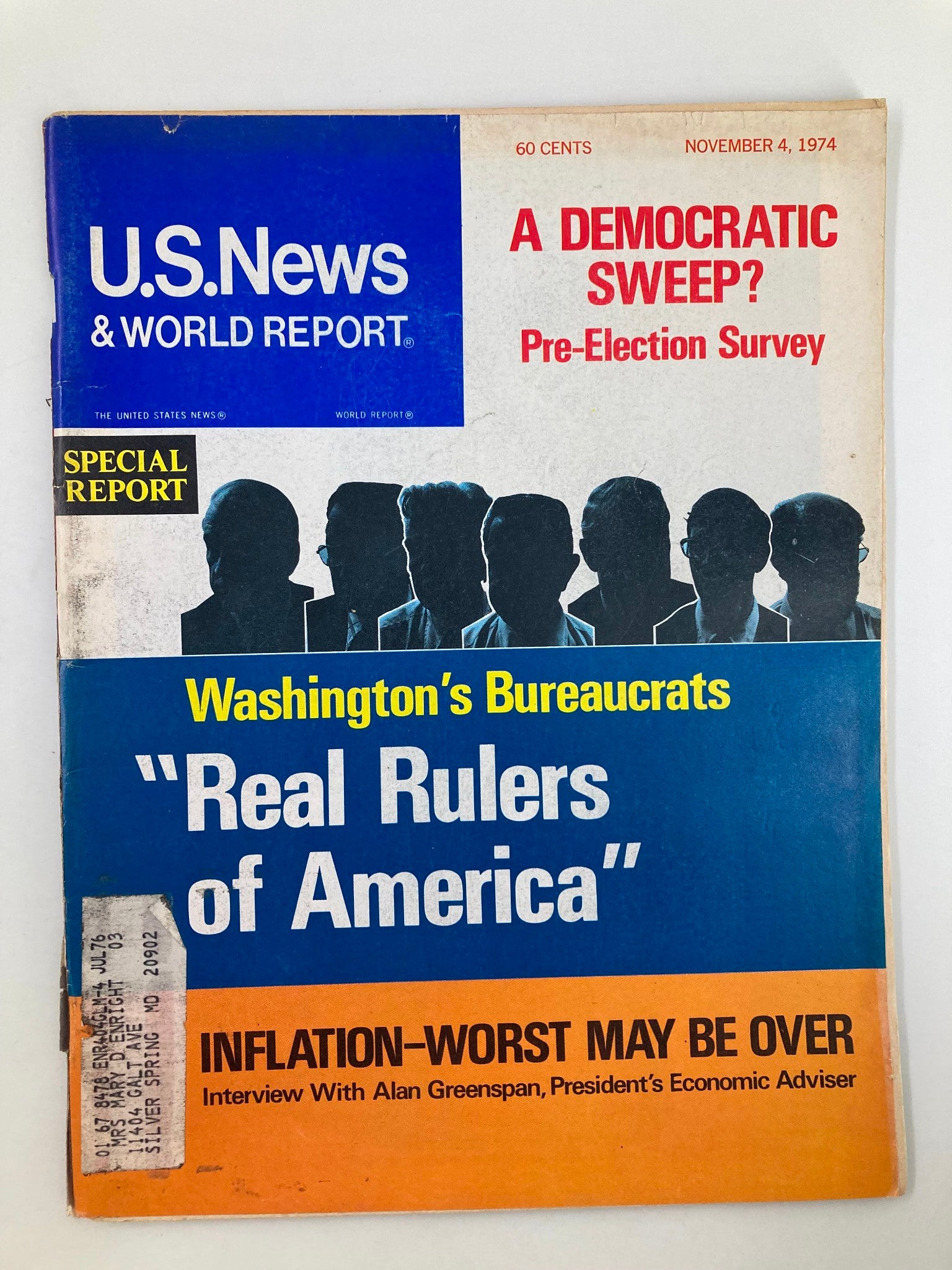 Cover of US News & World Report Magazine from November 4, 1974 titled "Inflation Worst May Be Over" featuring headlines on a pre-election survey and the article "Washington's Bureaucrats: Real Rulers of America."