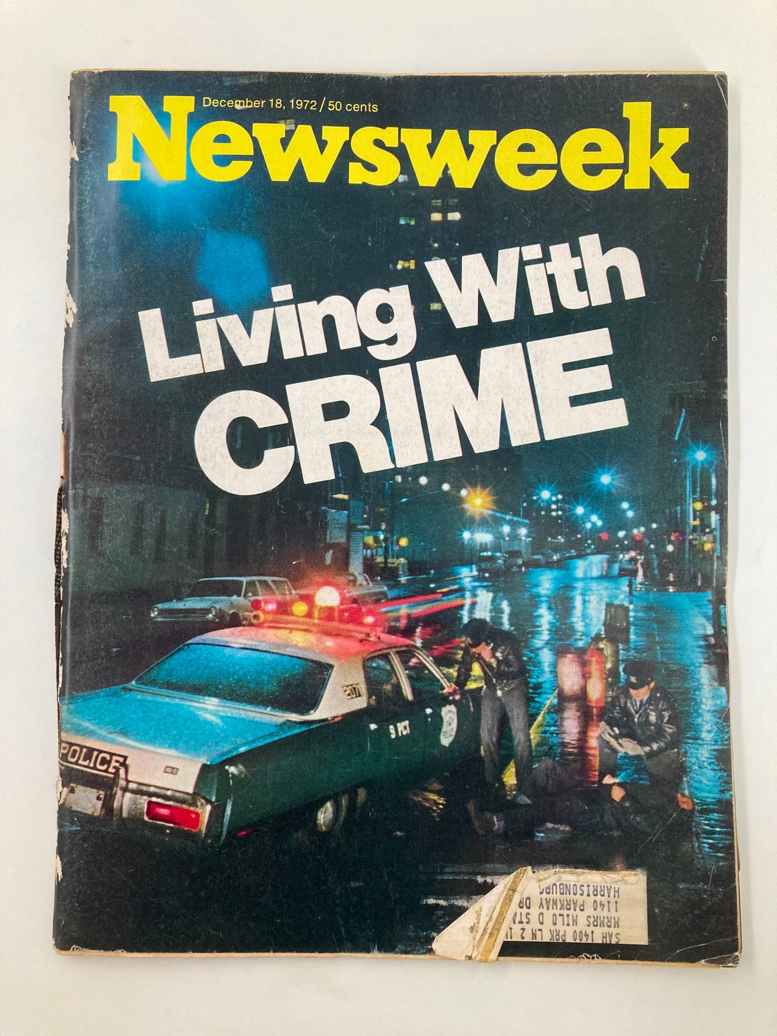 VTG Newsweek Magazine December 18 1972 cover featuring a dramatic scene titled 'Living with Crime' with police activity at night, showcasing urban crime challenges.