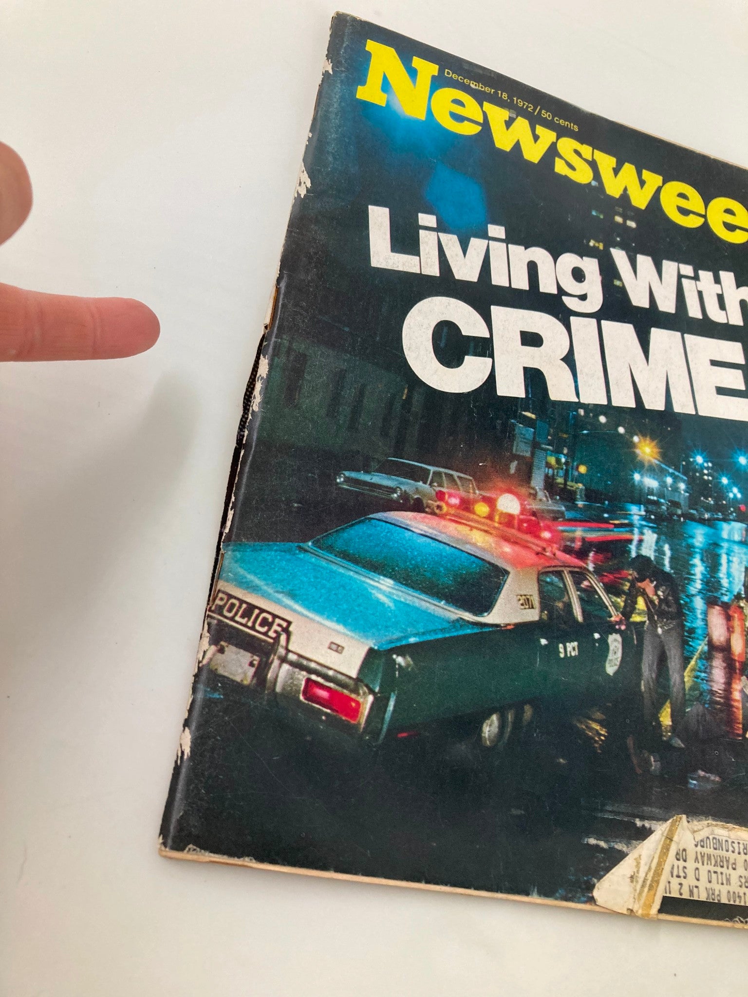 Close-up view of the VTG Newsweek Magazine December 18 1972 cover, emphasizing the title 'Living with Crime' and the magazine's worn edges, reflecting its vintage character.