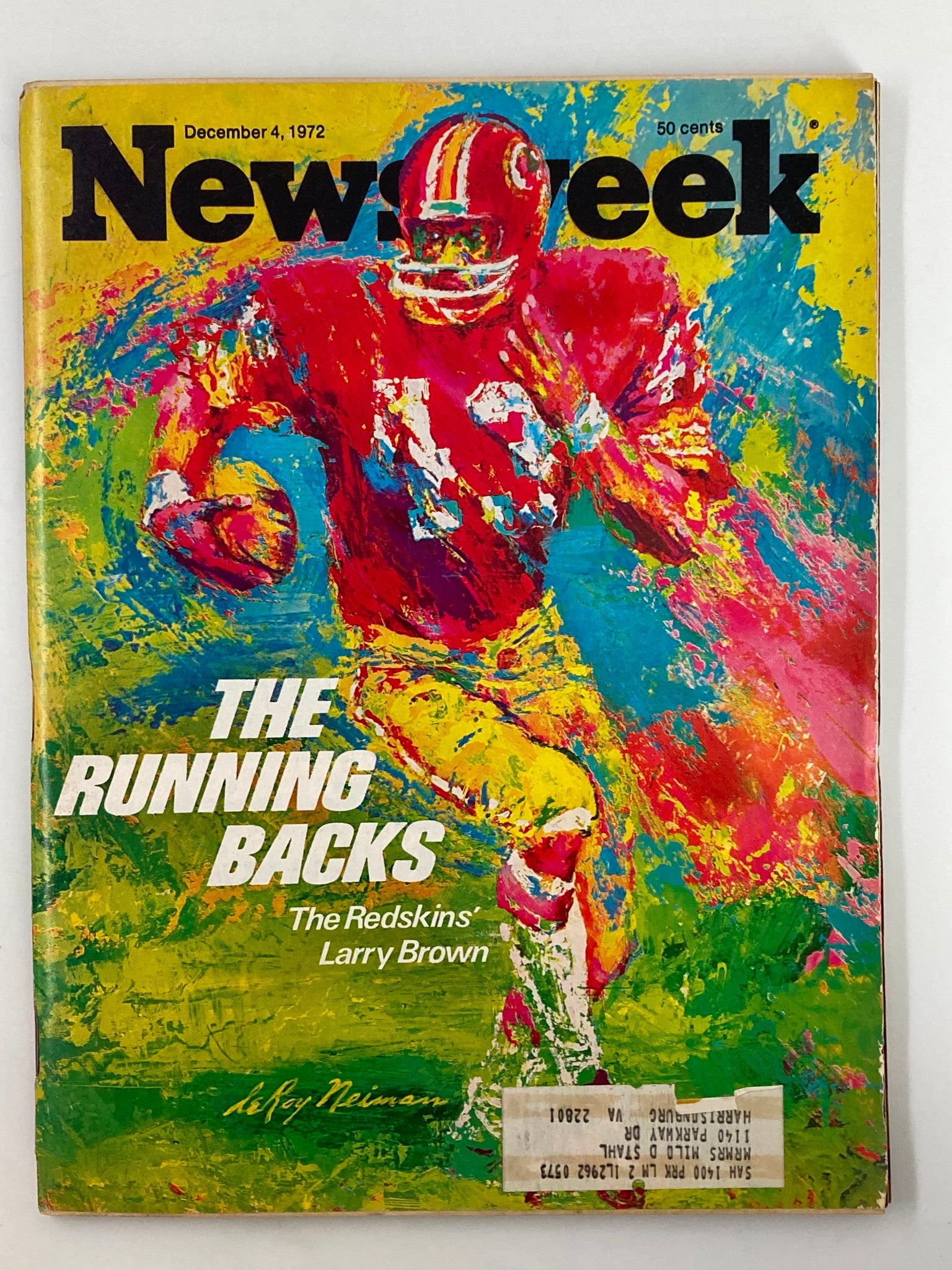 VTG Newsweek Magazine cover from December 4, 1972, featuring The Runningbacks and The Redskins' Larry Brown, showcasing vibrant artwork and sports history.
