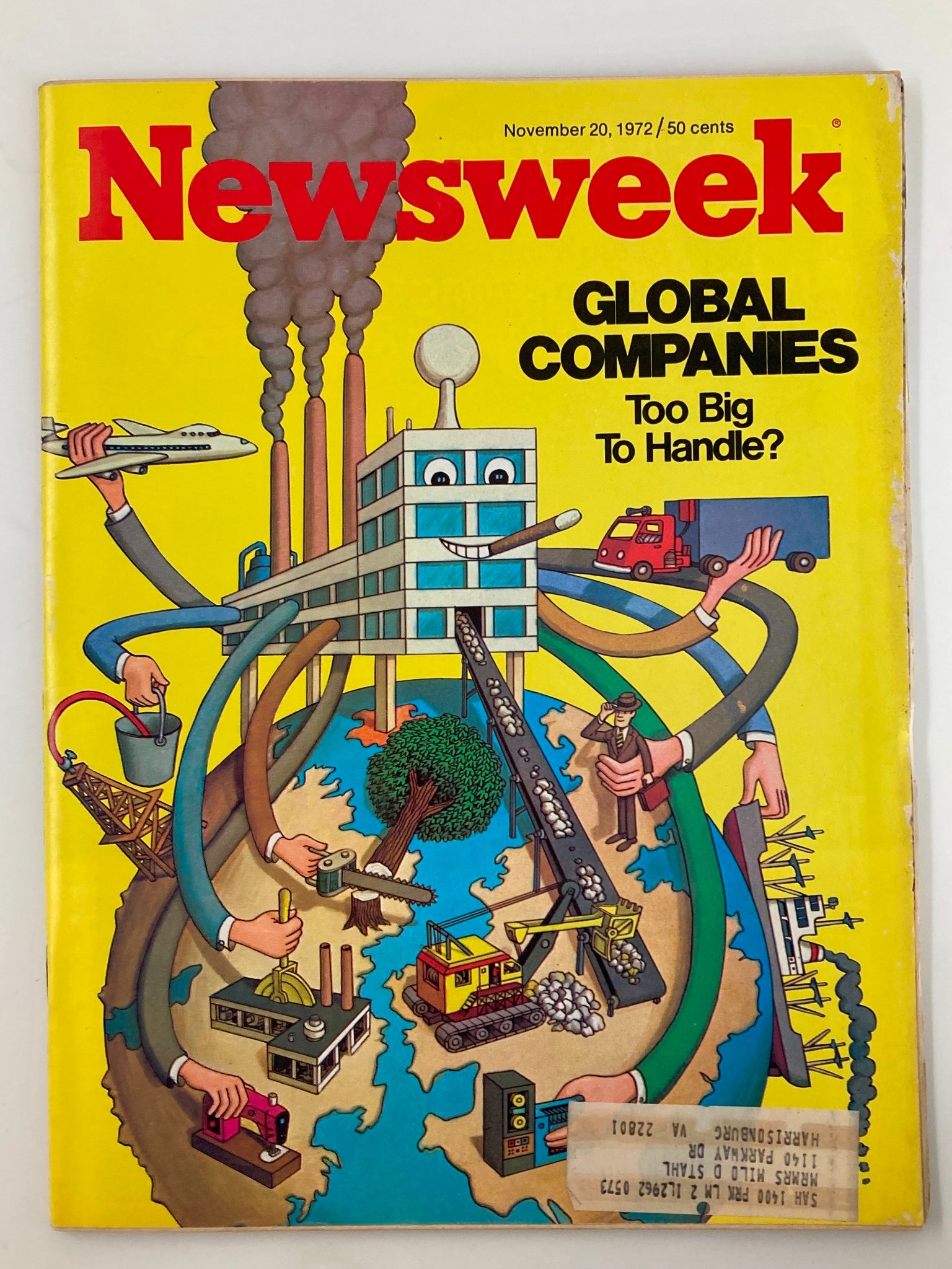 Cover of VTG Newsweek Magazine dated November 20, 1972, featuring a vibrant illustration on the topic 'Global Companies Too Big To Handle?' The design highlights global industry with visual elements like a factory, transportation vehicles, and hands symbolizing corporate reach.