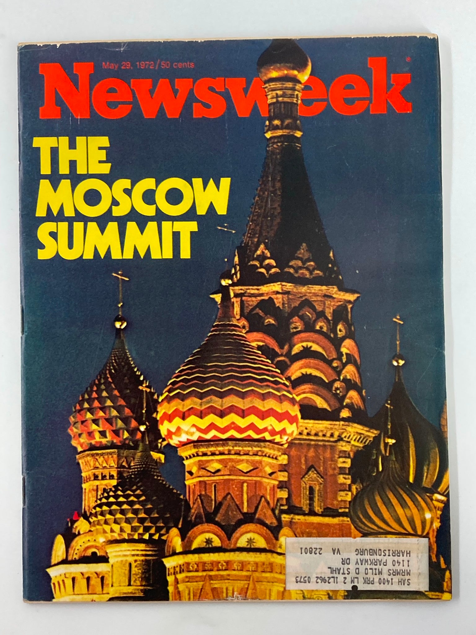 Cover of VTG Newsweek Magazine from May 29, 1972, featuring 'The Moscow Summit' with a vibrant image of St. Basil's Cathedral, reflecting on Cold War diplomacy and international relations.