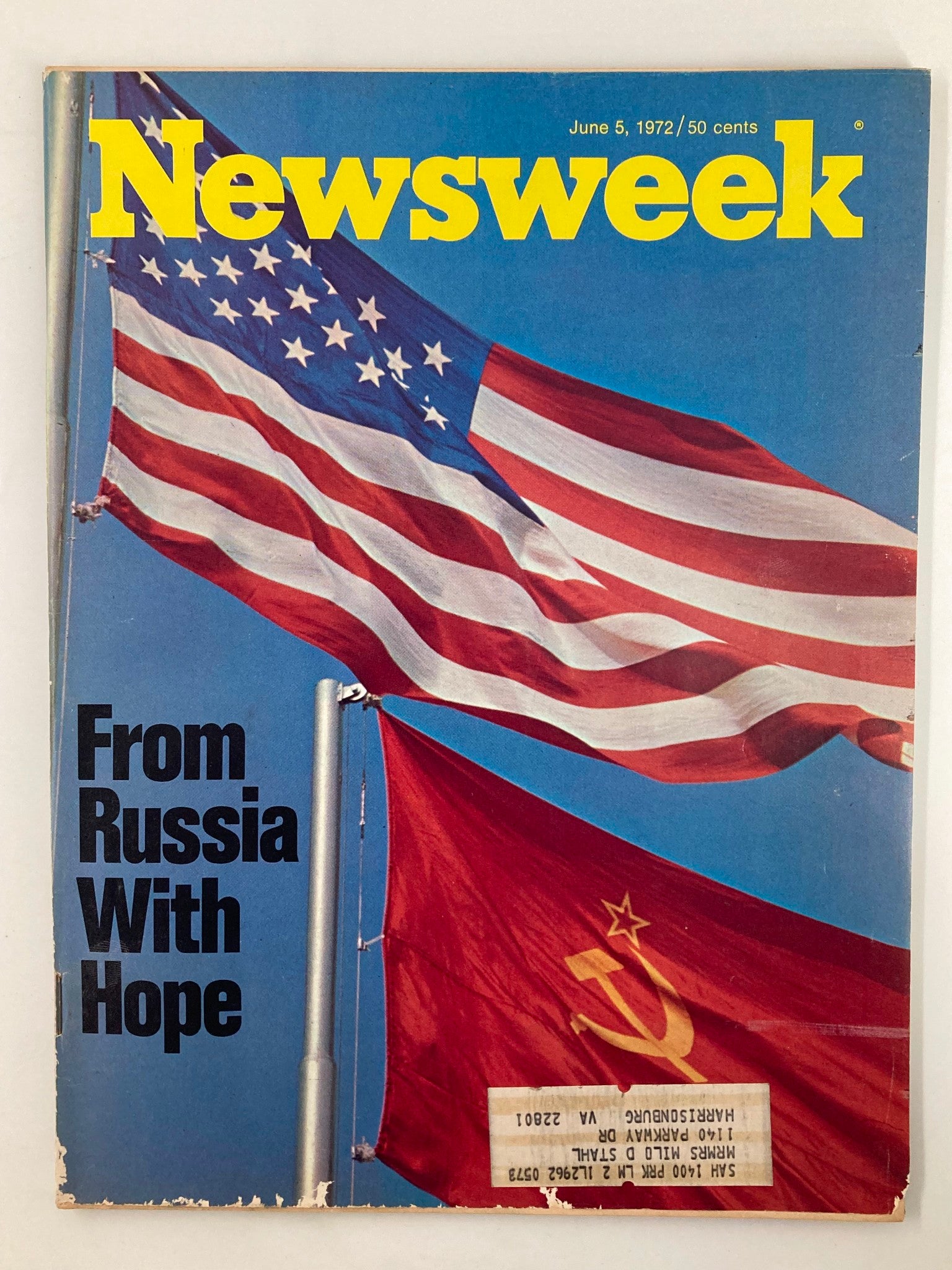 Cover of the vintage Newsweek Magazine from June 5, 1972, titled 'From Russia with Hope', featuring the American flag and the Soviet flag.