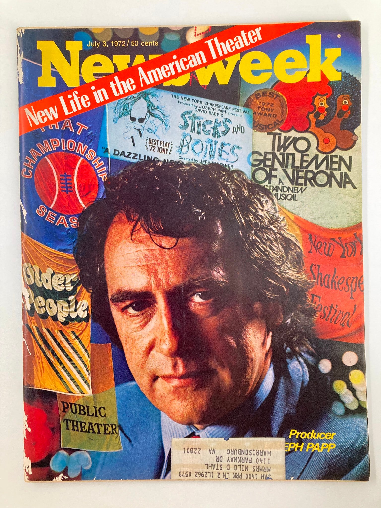 Cover of VTG Newsweek Magazine, July 3, 1972, featuring Joseph Papp and the headline 'New Life in the American Theatre'. The magazine highlights Papp's contributions to American theater.