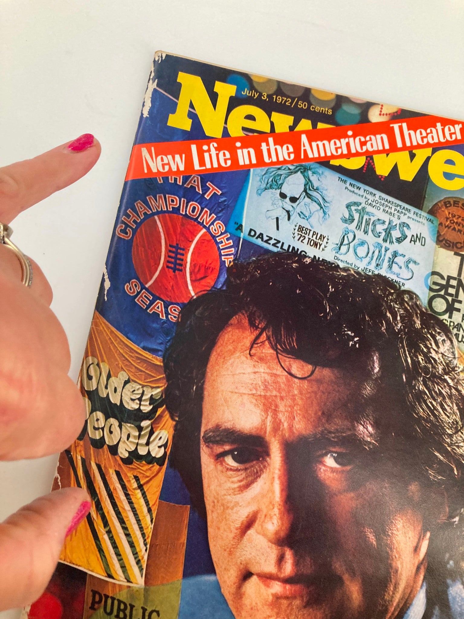 Close-up of the VTG Newsweek Magazine, July 3, 1972, showcasing the cover with Joseph Papp and the title 'New Life in the American Theater', along with colorful artwork and theater references.