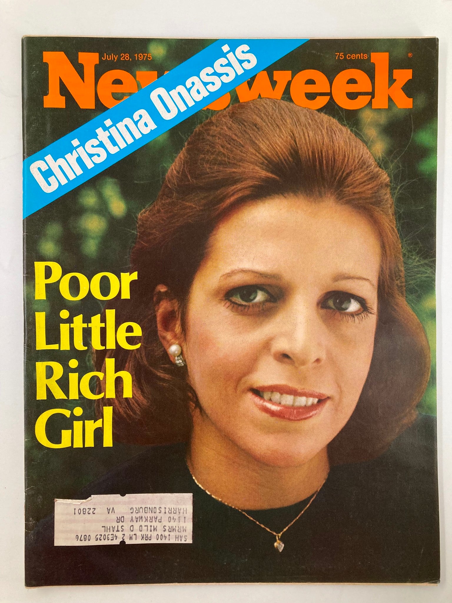 VTG Newsweek Magazine from July 28, 1975, featuring a cover image of Christina Onassis with the title 'Poor Little Rich Girl' highlighted, showcasing vintage journalism and pop culture history.