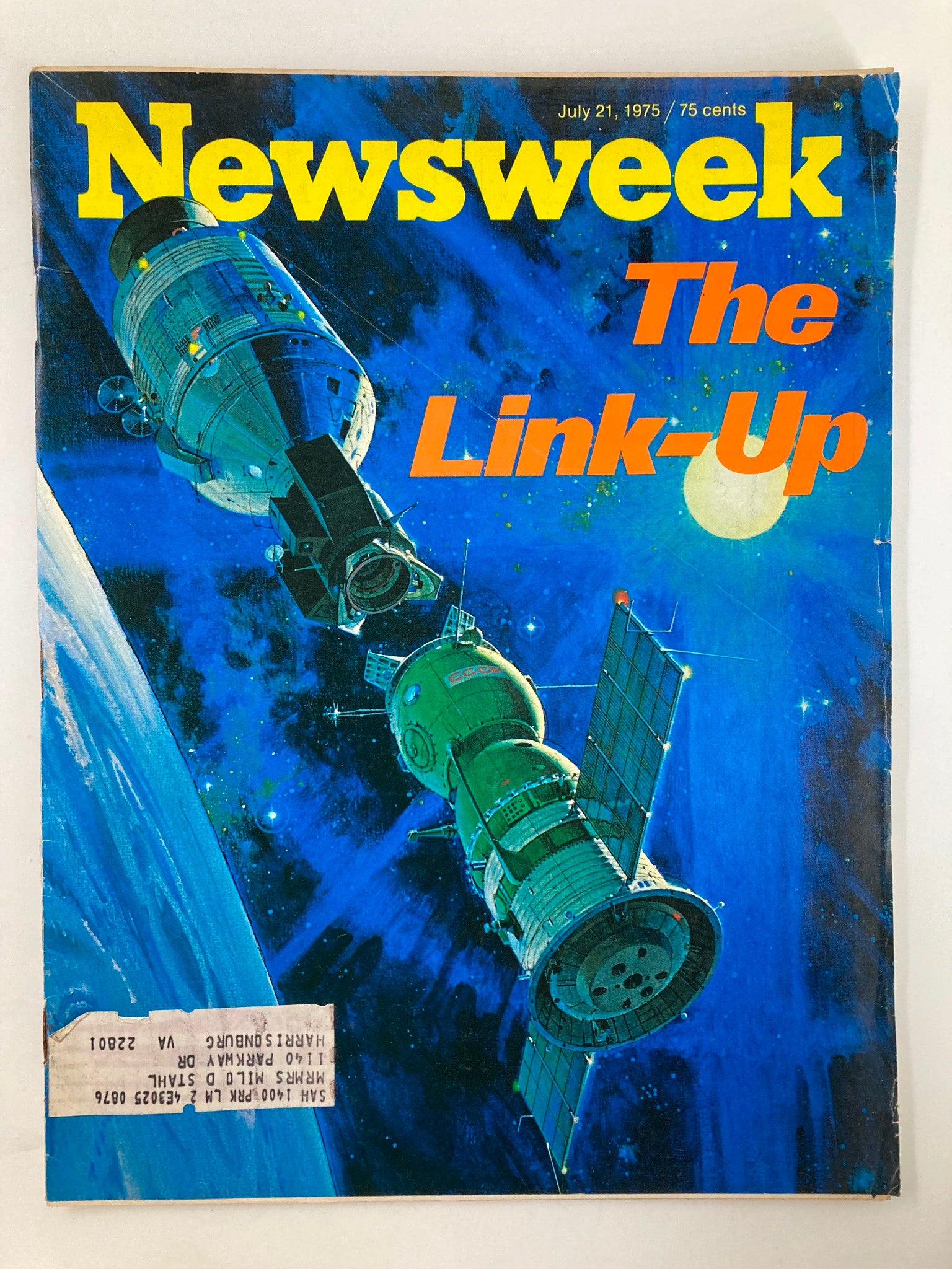VTG Newsweek Magazine cover from July 21, 1975, featuring the title 'The Link-Up' against a backdrop of space technology and exploration.