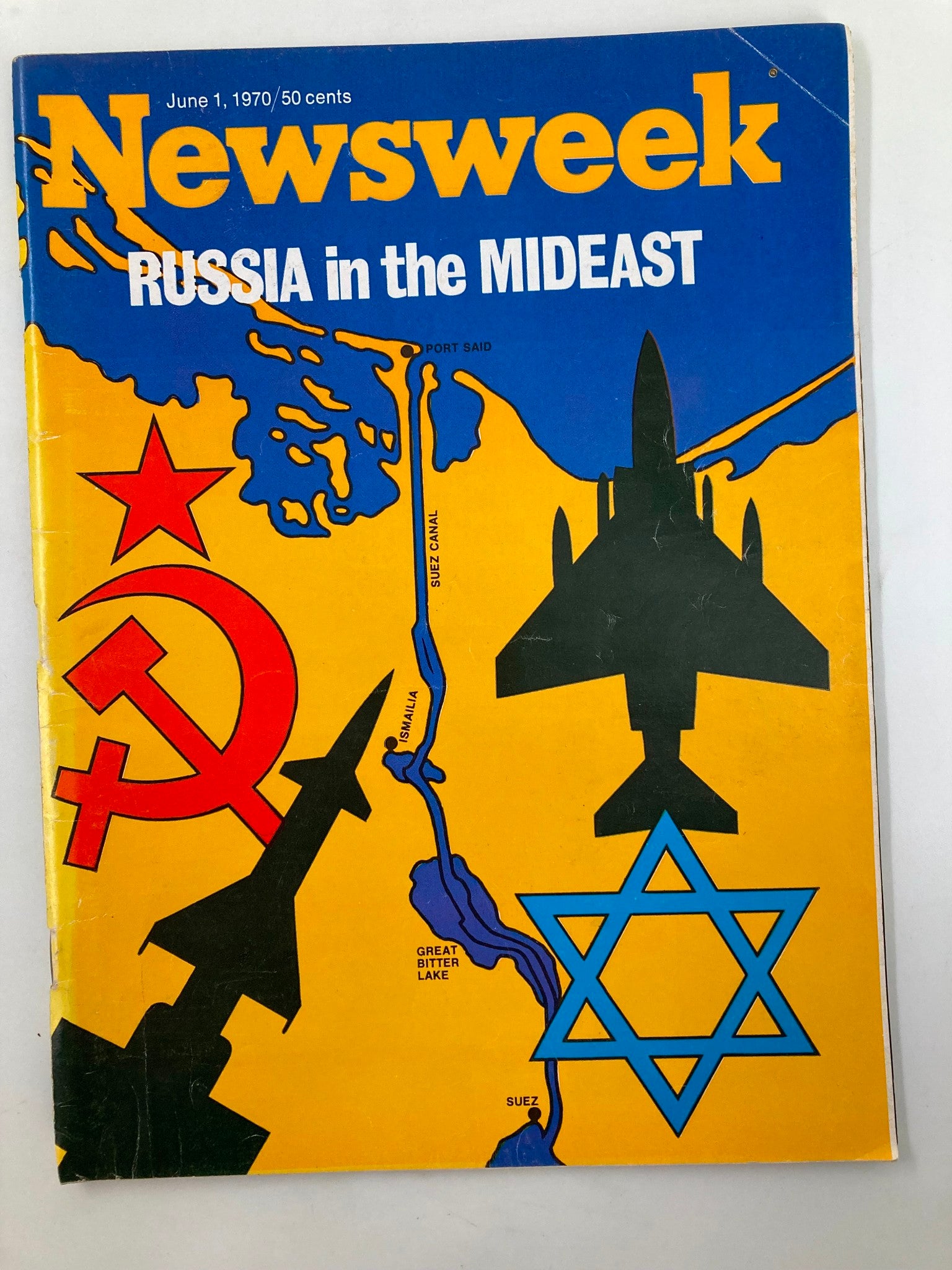VTG Newsweek Magazine June 1 1970 cover featuring the artwork 'Russia in the Mideast', showcasing military aircraft silhouettes and symbolic graphics representative of geopolitical tensions in the Middle East.
