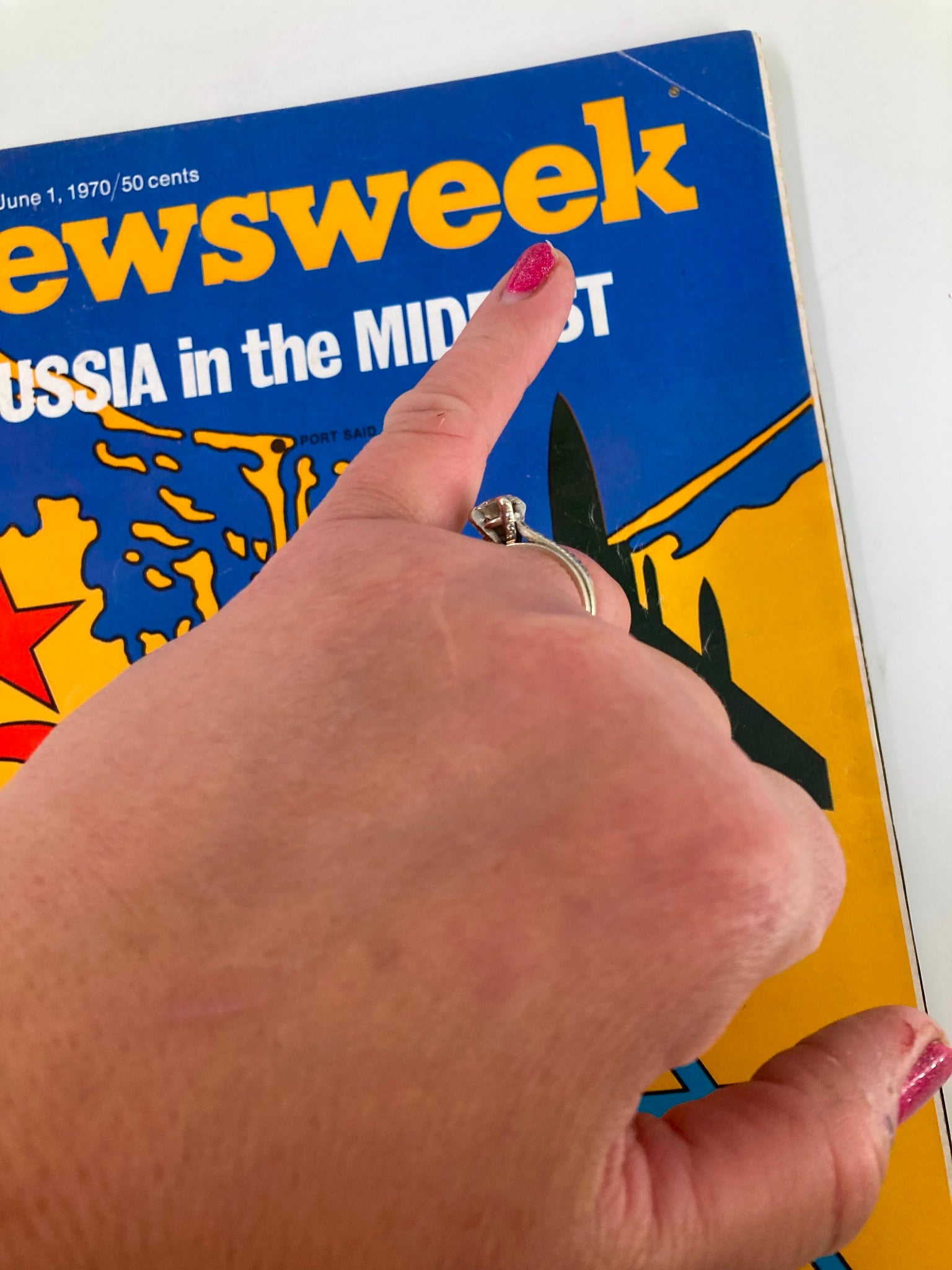 Cover of VTG Newsweek Magazine June 1, 1970, featuring a bold blue background and political themes with the headline 'RUSSIA in the MIDEAST' highlighted. A hand pointing at the title adds a personal touch.