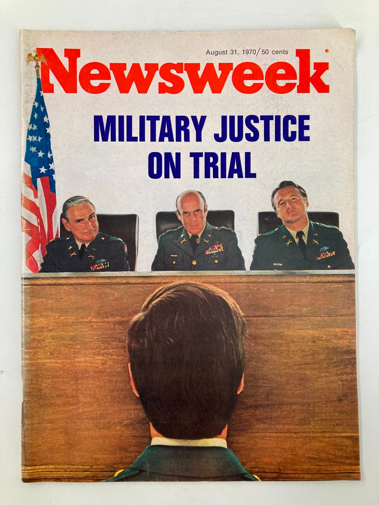 Vintage Newsweek Magazine cover from August 31, 1970, featuring the title 'Military Justice On Trial,' with an image depicting military officials and a courtroom setting.
