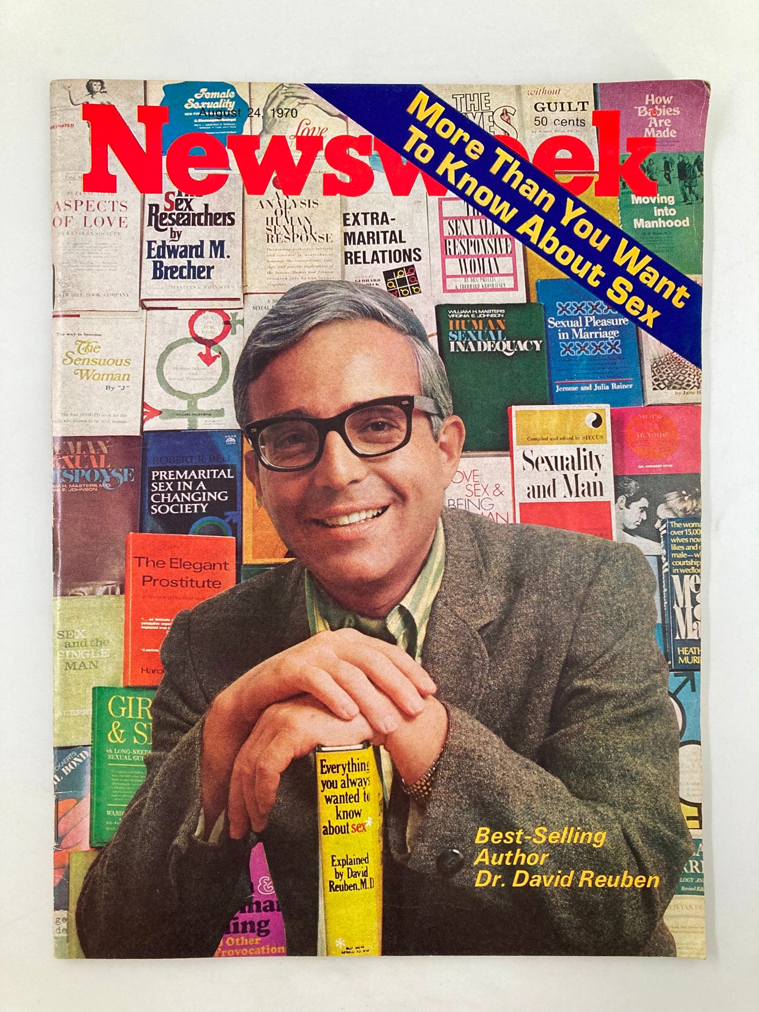 VTG Newsweek Magazine August 24 1970 featuring Dr. David Reuben on the cover, discussing topics on sexuality, with a collage of related book covers in the background.