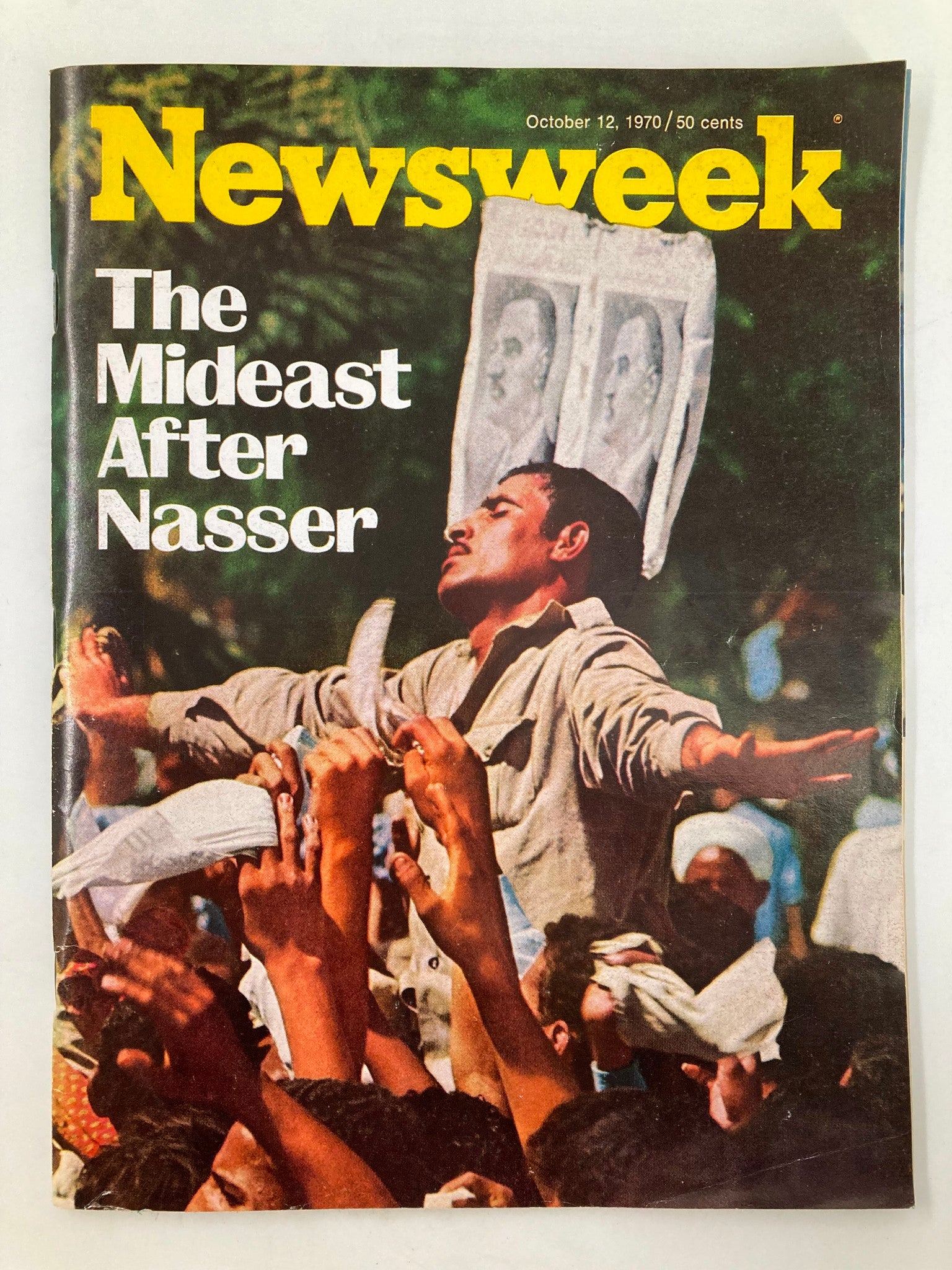 Cover of VTG Newsweek Magazine dated October 12, 1970, featuring the title 'The Mideast After Nasser' with a dramatic image of a man in a crowd, highlighting historical events in the Middle East.